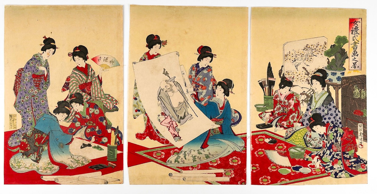 Toyohara Chikanobu (1838-1912) Triptych Woodblock Print, Calligraphy, 1891: Titled Calligraphy. Artist's seal is in the block on the right print. From the series Pictures of the Ladies Etiquette (Joreishiki). Triptych depicts groups of women in ornate kimonos painting works o