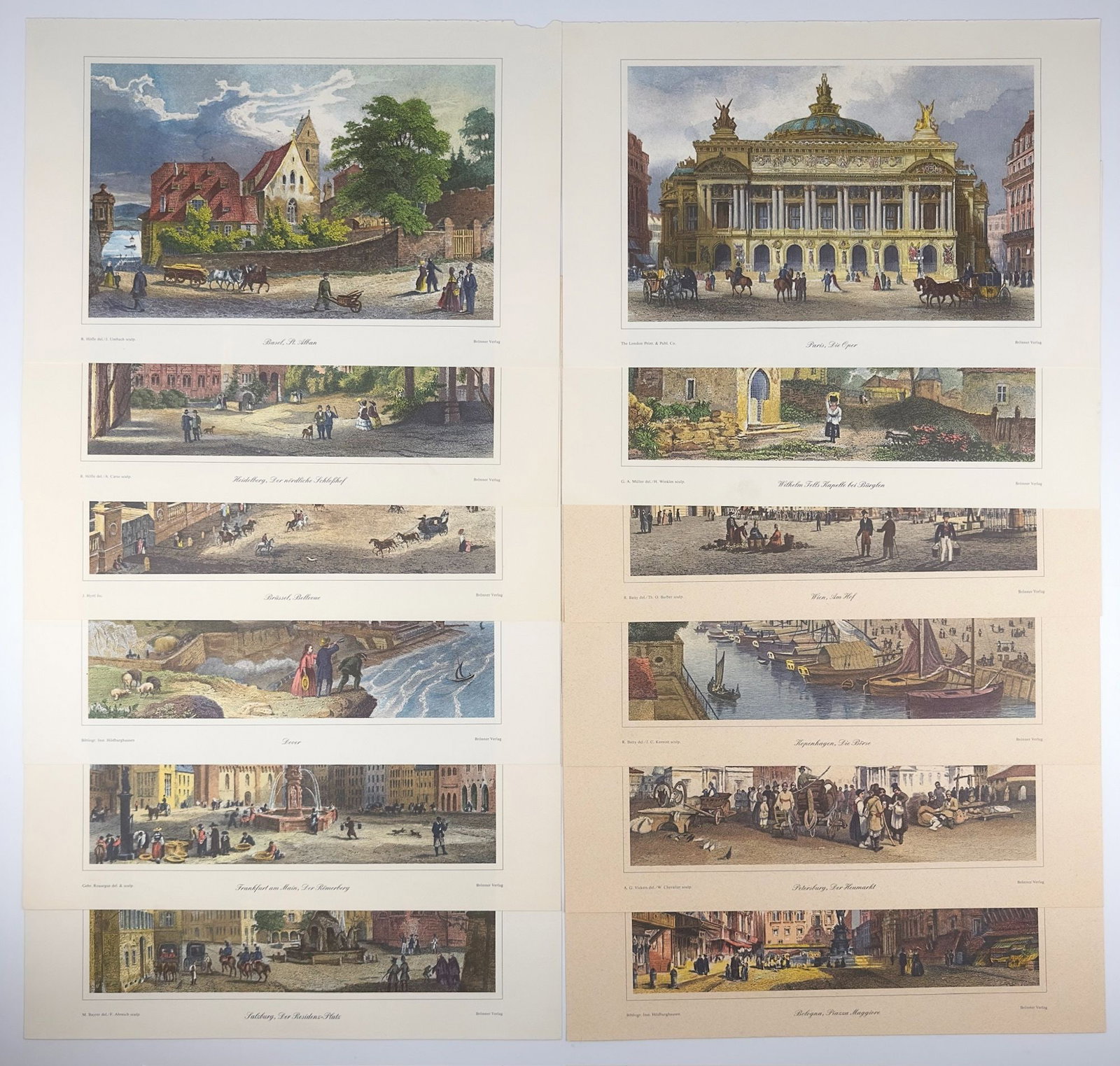 Lot of 12 Bronner Verlag Lithographs of European Cities and Architecture: Lot includes various cities and architectural sites throughout Europe; Bologna, Petersburgh, Paris, Frankfurt, Basel, and others. Reproduction lithographs made by the German publisher Brönner Ver