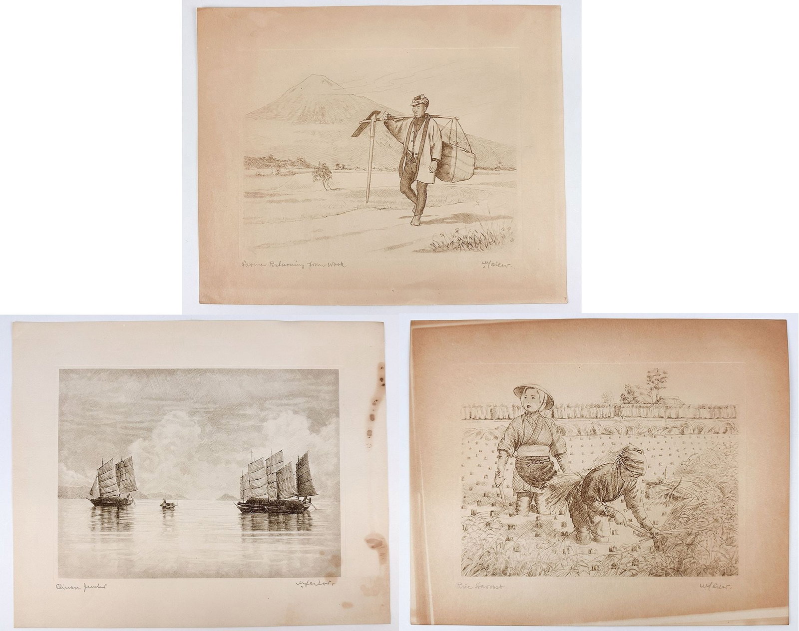 Three Etchings by Willy Seiler (1903-1997) Chinese Junks, Rice Harvest: Farmer Returning From Work, Ed 10/250. Titled Farmer Returning from Work, edition 10/250. Signed in graphite in the lower right corner. Depicts a rural Japanese farmer walking through the countryside 