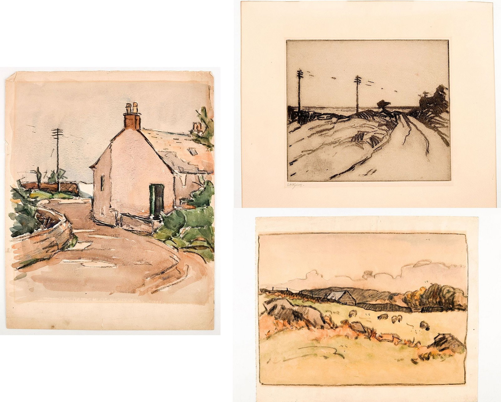 Three Works by Ernest Archibald Taylor (1874-1952) Watercolor, Etching, Ink: Gouache and Ink on Paper, Country House. Depicts a road with a house and telephone pole. Approximately 16 in H x 13 in W. Weighs approximately 1 lbs. Rips, creases, and tears throughout. Tape residue 