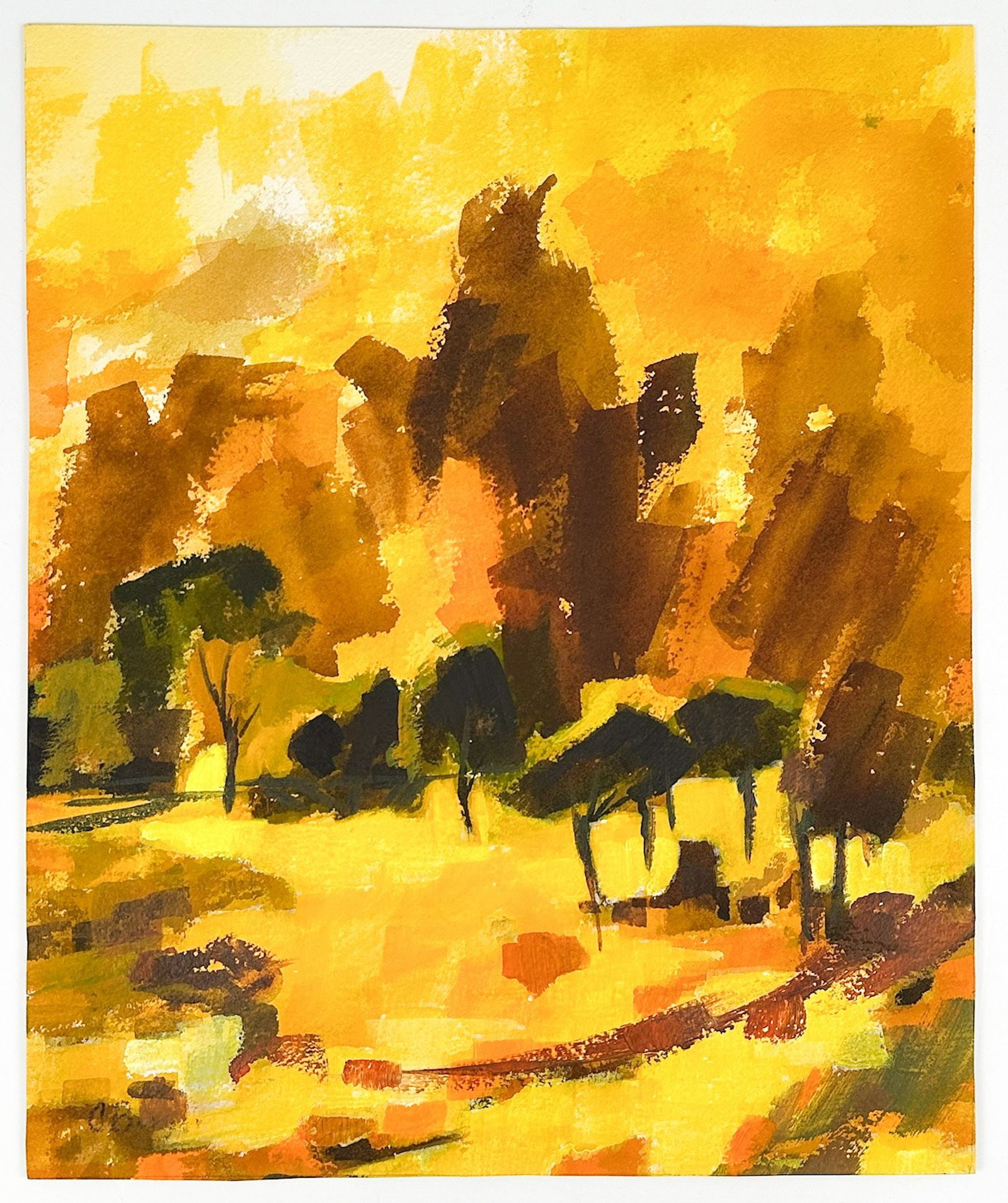 Taylor's Find: O. Burger Landscape Watercolor Midcentury Painting on Paper, Autumn Light: Warm goldenrod, orange and brown tones. Signed on lower left corner. Title on back. Ghost image on back. LOCAL PICK UP INFORMATION: Wednesday, July 8, 10:00 AM - 2:00 PM 8059 Foothill Blvd, Sunland, C