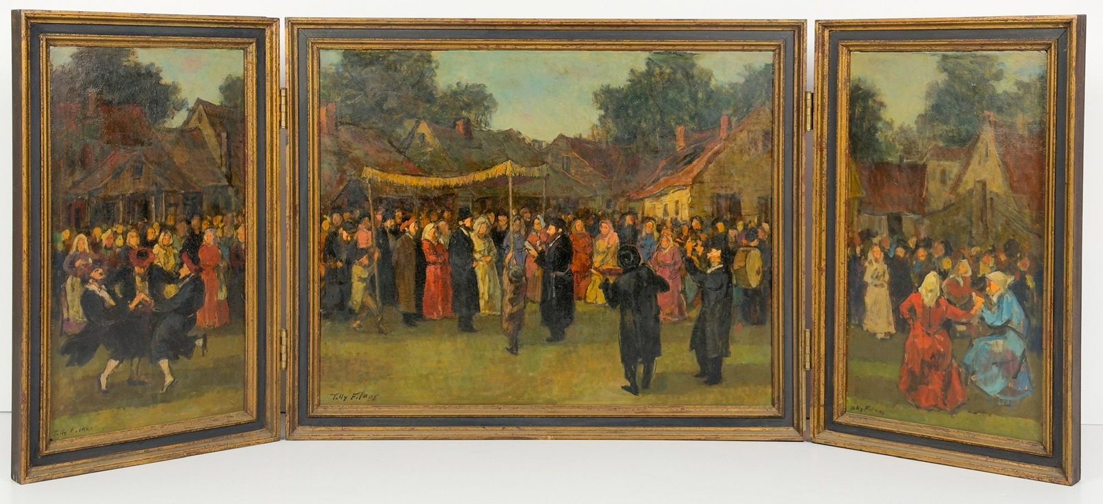 Tully Filmus (1903-1998) Oil on Masonite, Wedding at Twilight: Titled Wedding at Twilight. Signed in the lower left corner of each panel. Depicts an Orthodox Jewish wedding. Framed triptych with hinges. Visible image is approximately 19.5 in H x 25 in W for the c