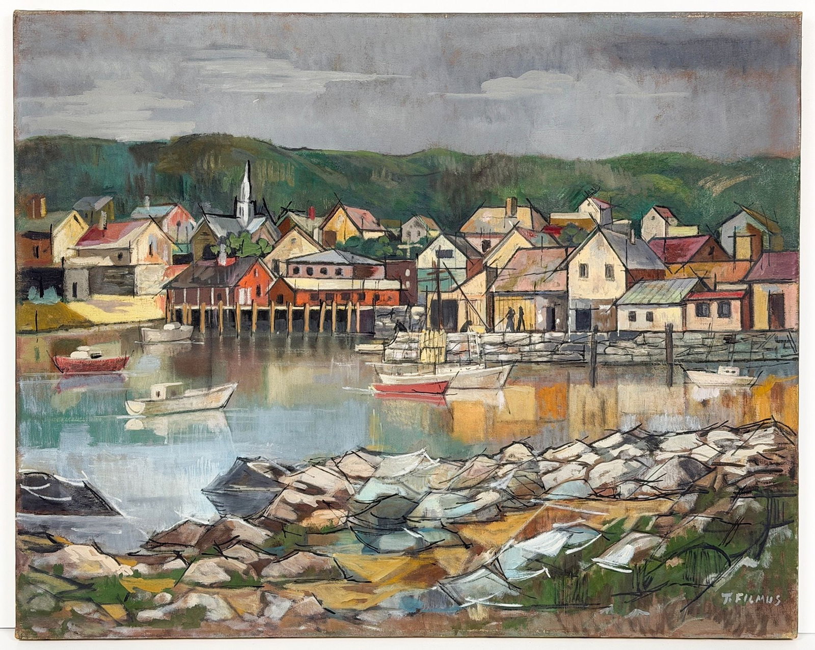 Tully Filmus (1903-1998) Oil on Canvas, Port Scene: Untitled. Signed in the lower right corner. Depicts a harbor with houses and mountains in the distance. Approximately 24 in H x 30 in W. Weighs approximately 2 lbs 7 oz. LOCAL PICK UP INFORMATION: Wed