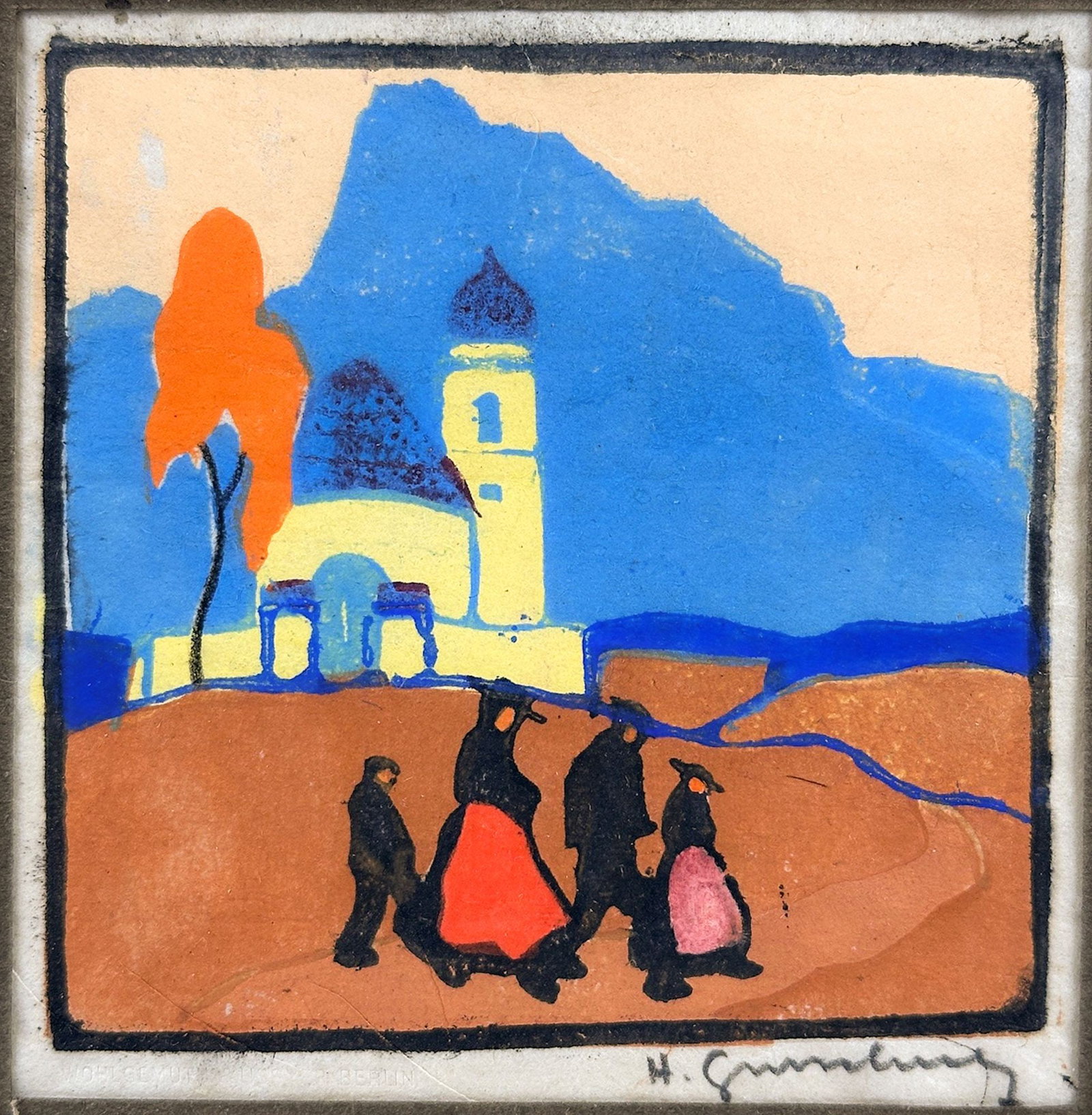 Herbert Gurschner (1901-1975) Color Woodblock on Paper, The Chapel, Figures and Church: Titled The Chapel. Signed in graphite in the lower right corner. Depicts a family walking in front of a Chapel with a mountain in the background. Visible artwork is approximately 3.5 in H x 3.5 in W. 