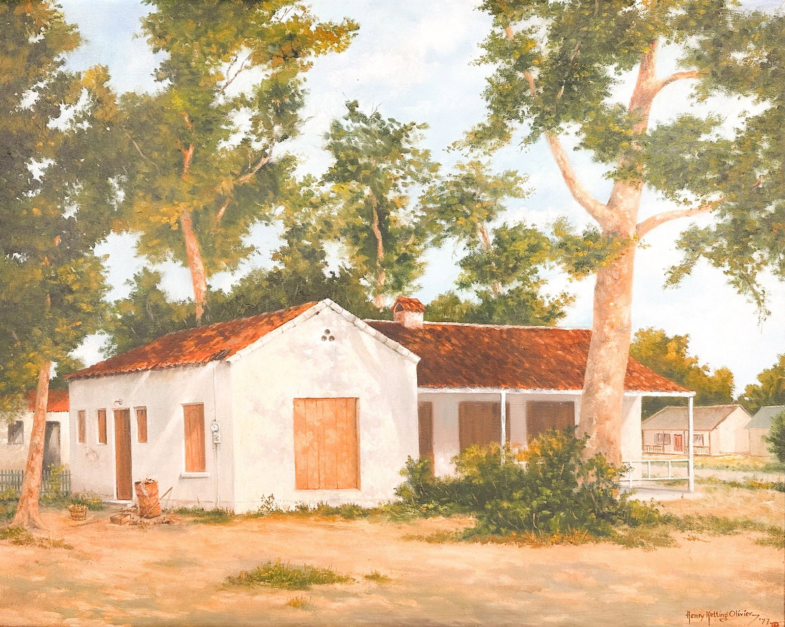 Henry Ketting Olivier (1924-2004) Oil on Canvas, California Central Coast: Titled She Doesn't Live There Anymore. Signed in the lower left corner. Framed. Depicts a boarded up home under a grove of trees. Birthday dedication on the back side. Visible artwork is approximately