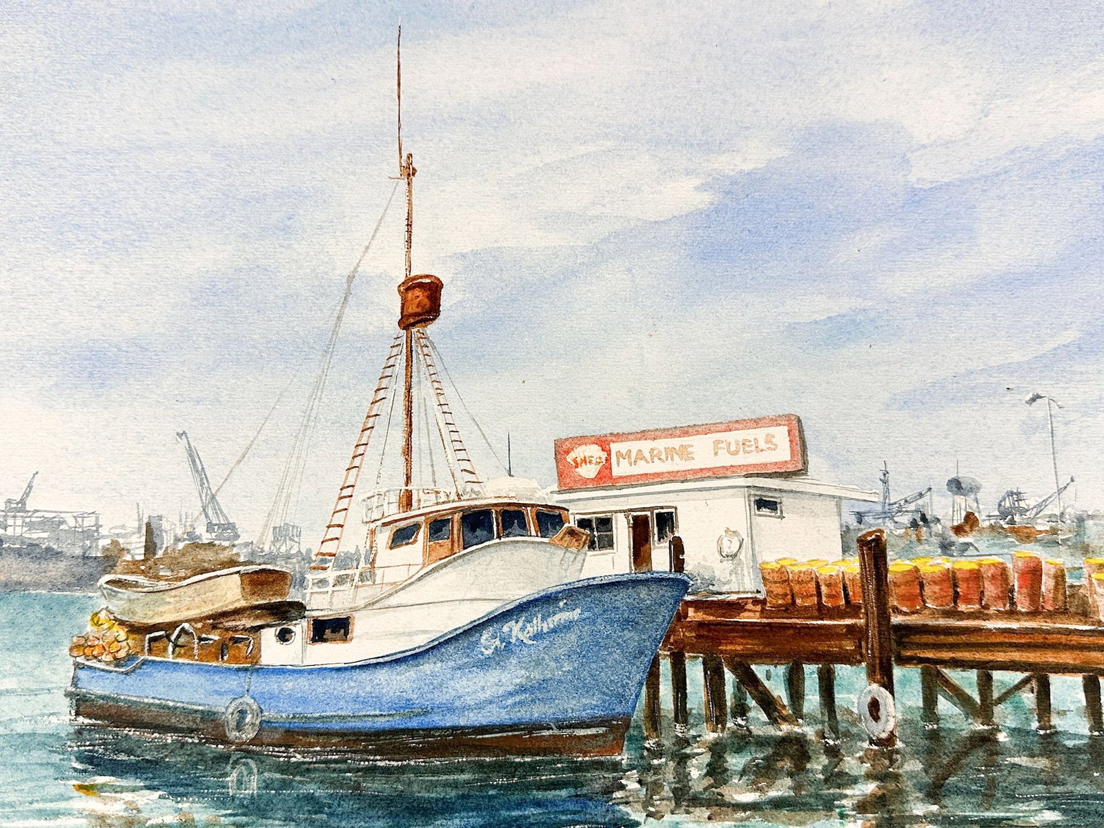 Henry Ketting Olivier (1924-2004) Watercolor On Board, Fueling Station San Pedro, 1980: Titled "Fueling Station San Pedro," 1980. Depicts harbor scene in San Pedro, CA. Dated 1980 on front and 1977 on back. Signed on lower left corner and on back. Dimensions: Painting is approx. 15 in H 