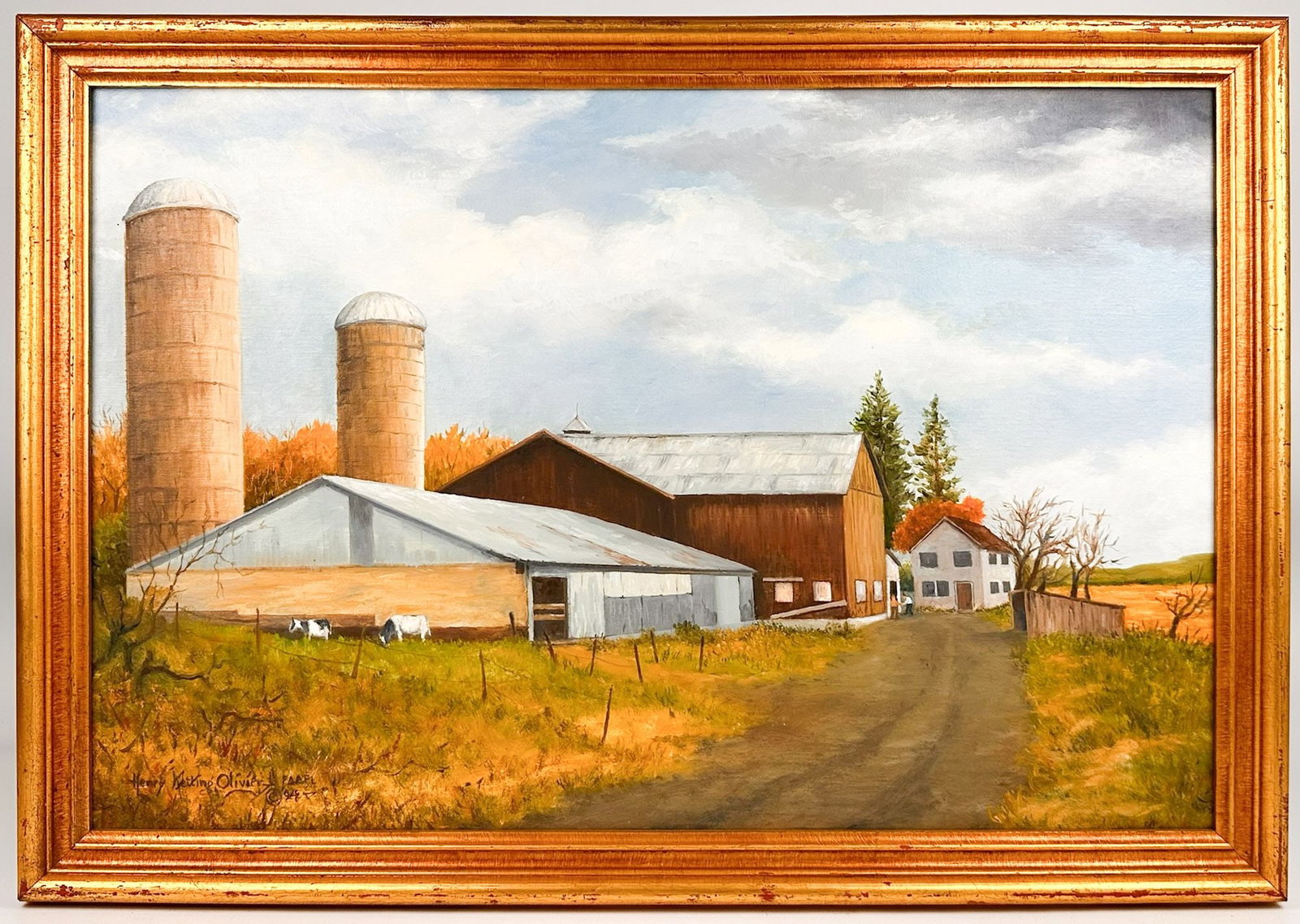 Henry Ketting Olivier (1924-2004) Oil on Canvas, Pennsylvania Farm, 1994: Titled Pennsylvania Farm. Signed in the lower left corner. Framed. Depicts a farmstead. Visible artwork is approximately 19.25 in H x 29.5 in W. Frame is approximately 23.25 in H x 33.25 in W. Weighs 