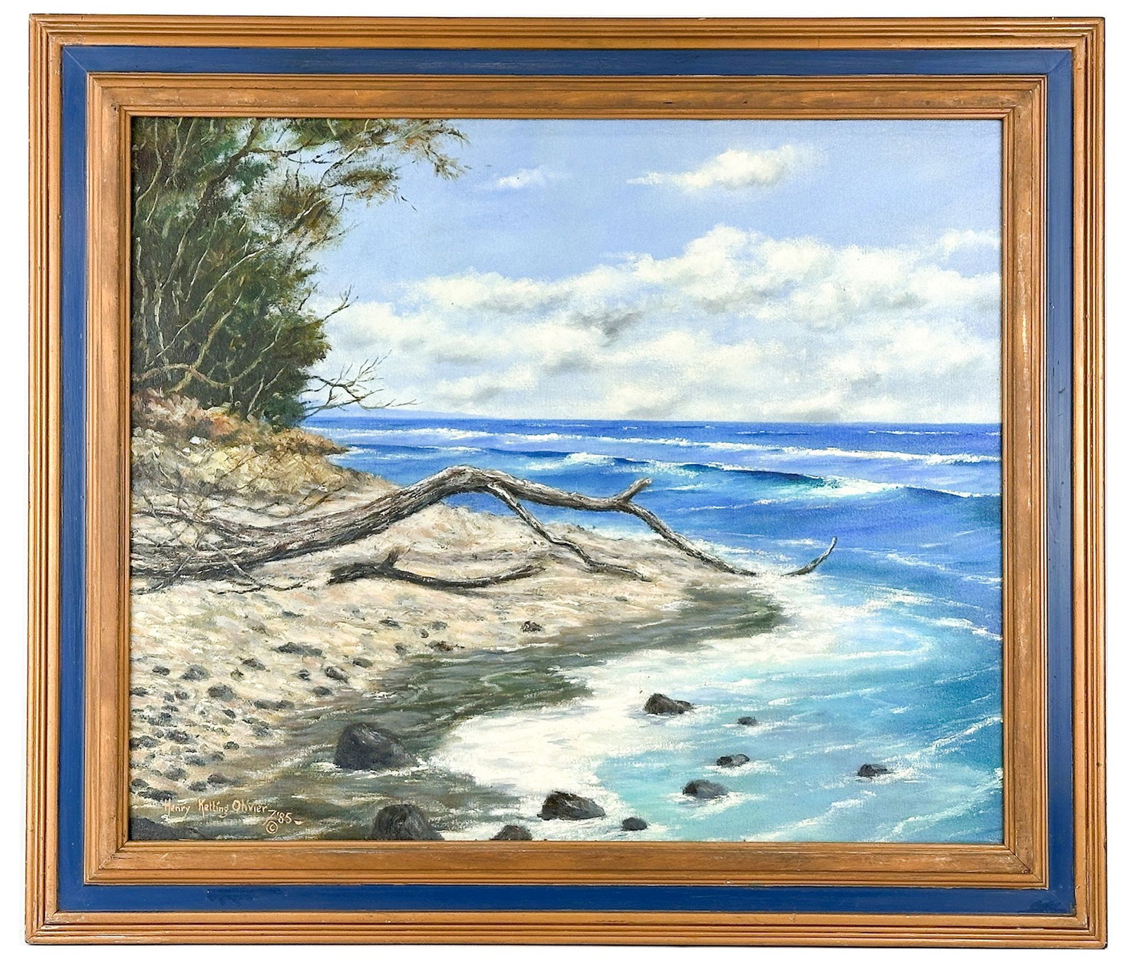 Henry Ketting Olivier (1924-2004) Oil On Canvas, Kahana Beach Maui, 1985: Titled "Kahana Beach Maui," 1985. Coastal harbor scene in Maui. Signed in the lower left and on the back side. Framed.Dimensions: Visible approx. 11.25 in H x 21.25 in W. Frame is approximately 19.5 i