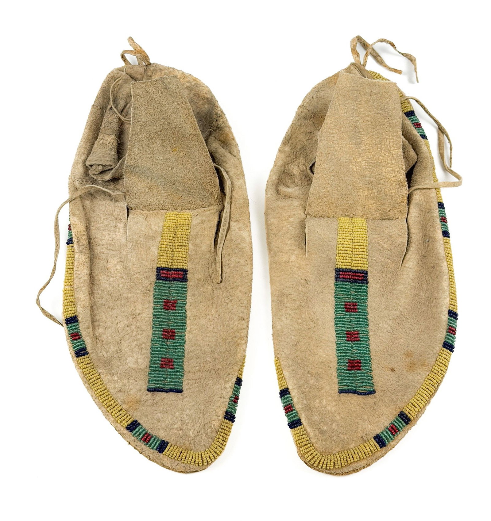 Antique Plains Indian Beaded Hide Moccasins, Hard Sole, with Geometric Stripe (1 of 4)
