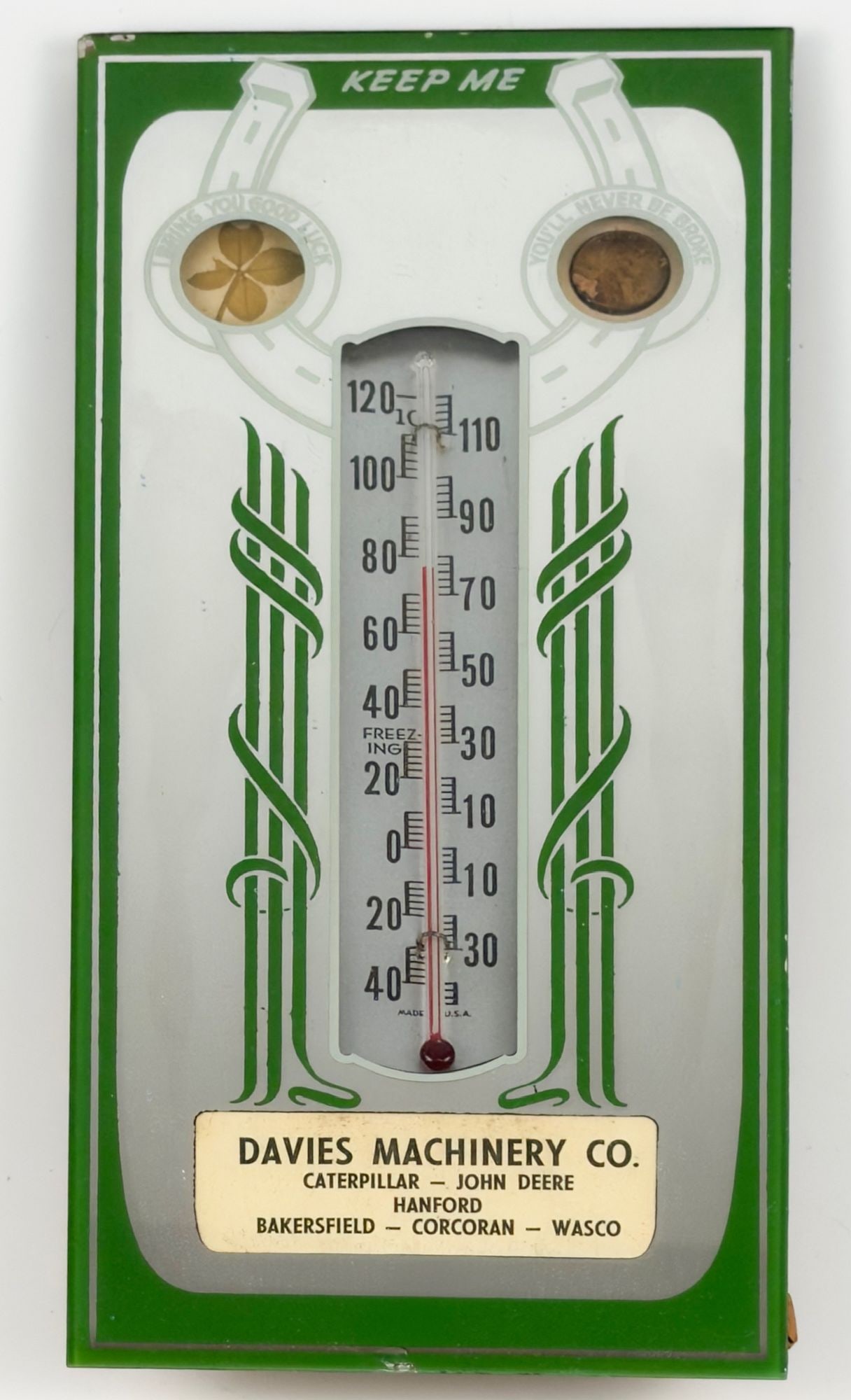 Vintage Advertising Thermometer, Davies Machinery Co., Lucky Charm: Mirrored plaque features cutouts for a thermometer, a four leaf clover, and a penny. Approximately 12 in H x 5.5 in W. Weighs approximately 1lbs. LOCAL PICK UP INFORMATION: Wednesday, July 8, 10:00 AM