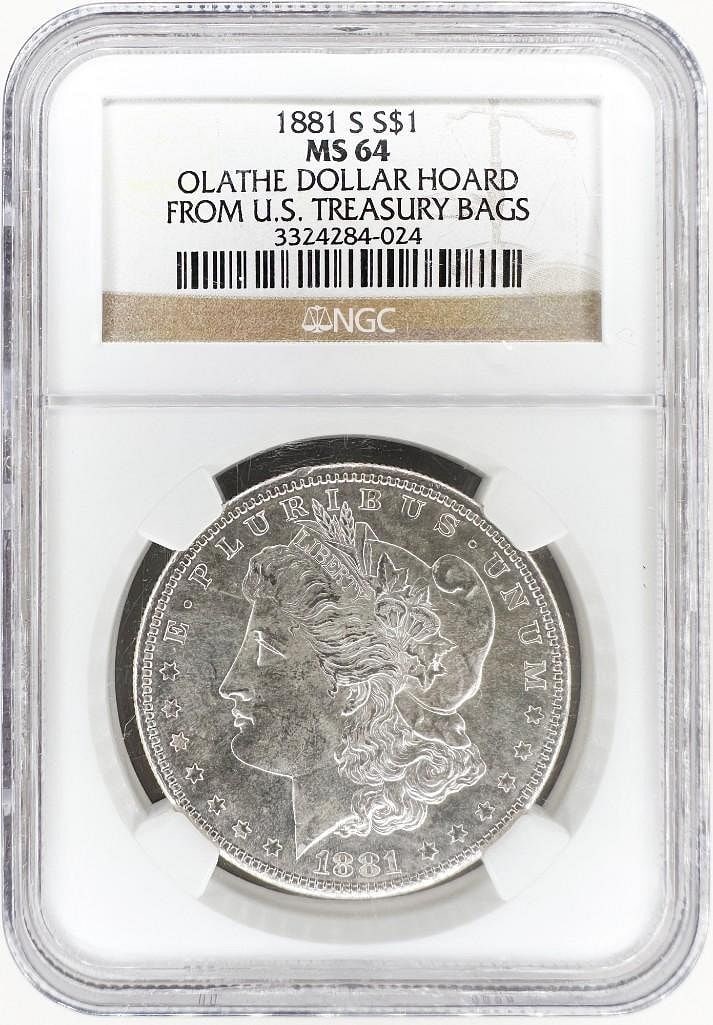 1881-S Morgan Dollar, MS64 NGC, Olathe Hoard: An 1881-S Morgan dollar graded MS64 by NGC. Part of the famed Olathe Dollar Hoard sourced from original U.S. Treasury bags. Shipping & Handling. All lots won by the same bidder are combined into one s
