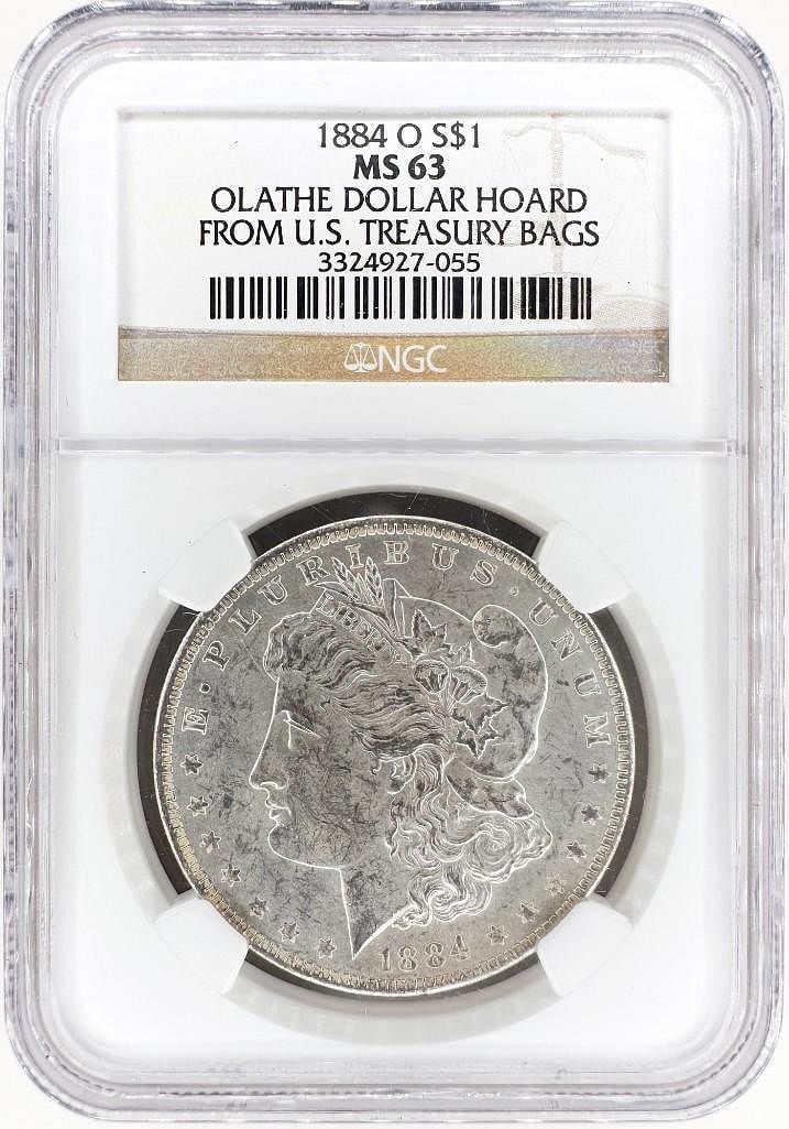 1884-O Morgan Dollar, MS63 NGC: An 1884-O Morgan dollar graded MS63 by NGC. A New Orleans Mint issue in uncirculated condition. Shipping & Handling. All lots won by the same bidder are combined into one shipment via USPS Priority Ma