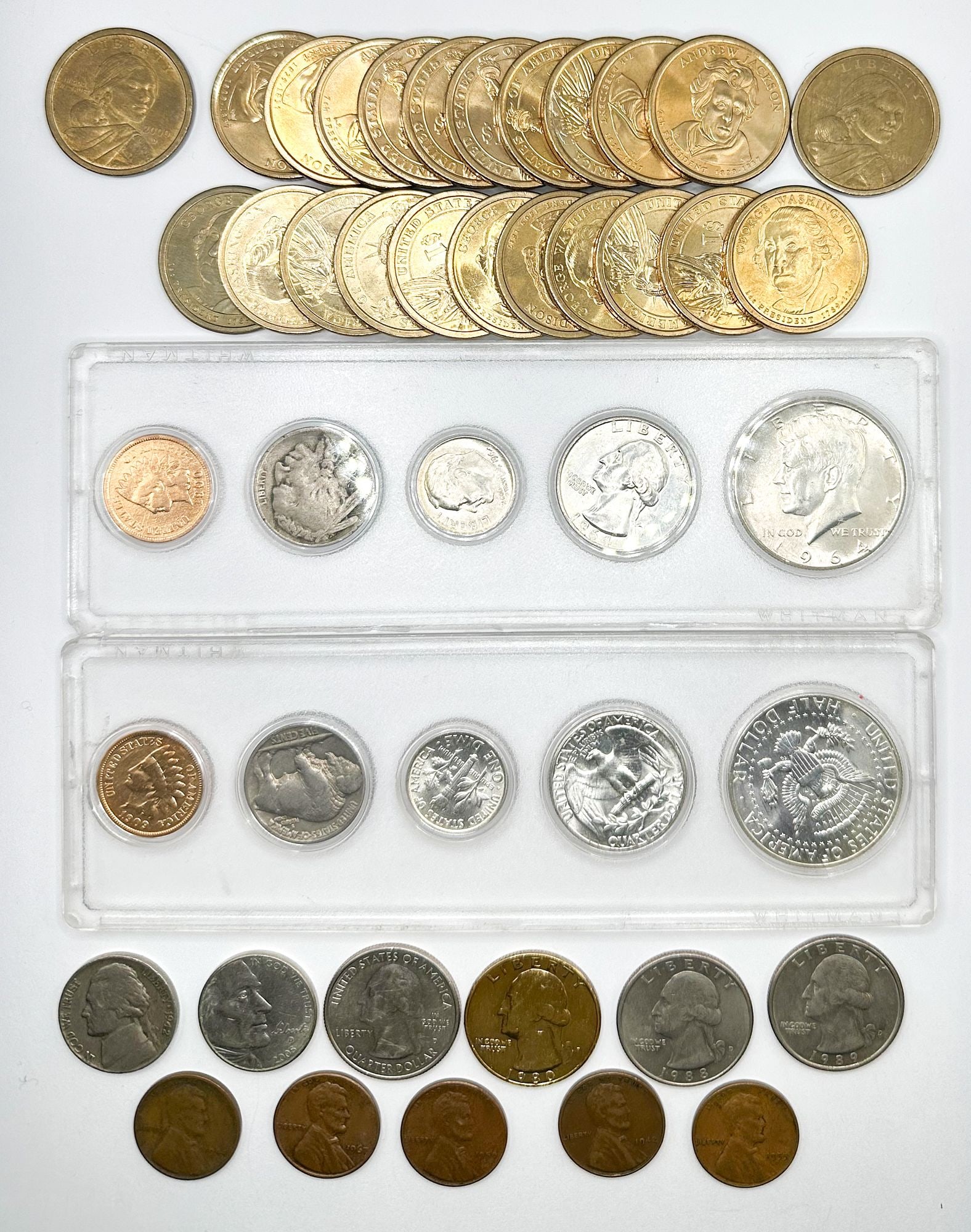 Collector's Lot: 1909 Indian Head Penny, 1964 Kennedy, Sacagawea, Jackson, Washington Dollars + (1 of 7)