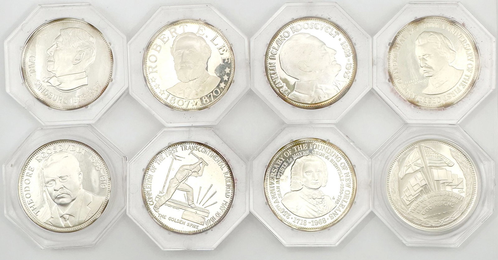 Lot of 8 NCS Sterling Medals (8), serial #4981: Eight National Commemorative Society sterling silver proof medals, matched subscriber serial #4981. Private-mint historical series (Sandburg, WWI, Promontory Point, R.E. Lee, FDR, New Orleans, T. Roos