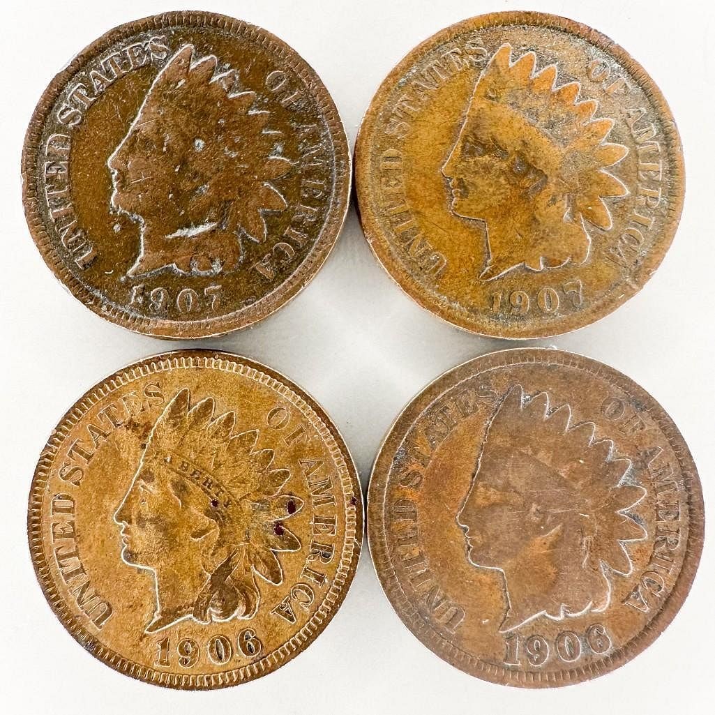 Lot of 4 1906-1907 Indian Head Cents: Four Indian Head cents dated 1906 and 1907. Circulated examples of the long-running series. Shipping & Handling. All lots won by the same bidder are combined into one shipment via USPS Priority Mail