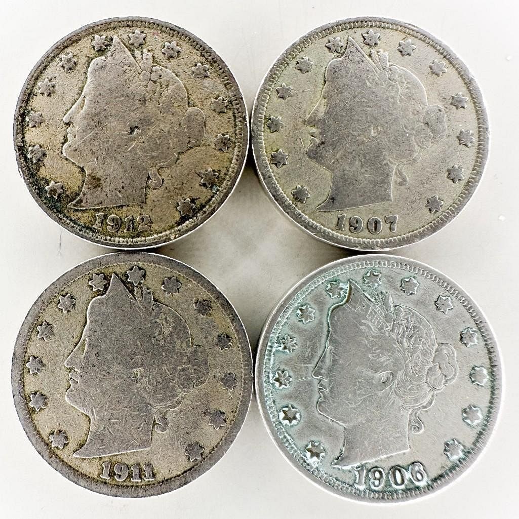 (4) Liberty Head Nickels 1907, 1907, 1911, 1912: Four Liberty Head 'V' nickels from 1907-1912. Circulated five-cent coins of the early 20th century. Shipping & Handling. All lots won by the same bidder are combined into one shipment via USPS