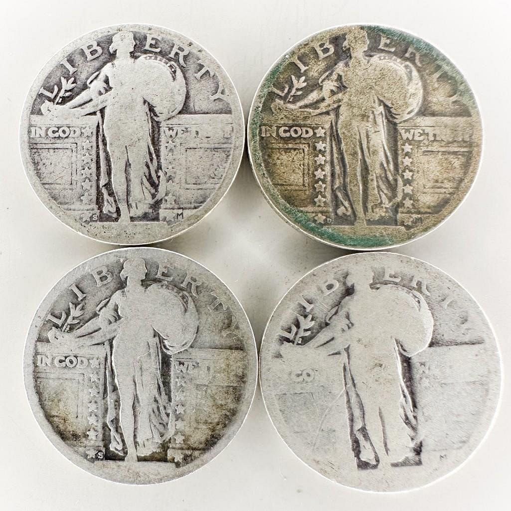 (4) Standing Liberty Quarters: Four Standing Liberty quarters. Circulated examples of Hermon MacNeil's 1916-1930 design. Shipping & Handling. All lots won by the same bidder are combined into one shipment via USPS Priority Mail (tr