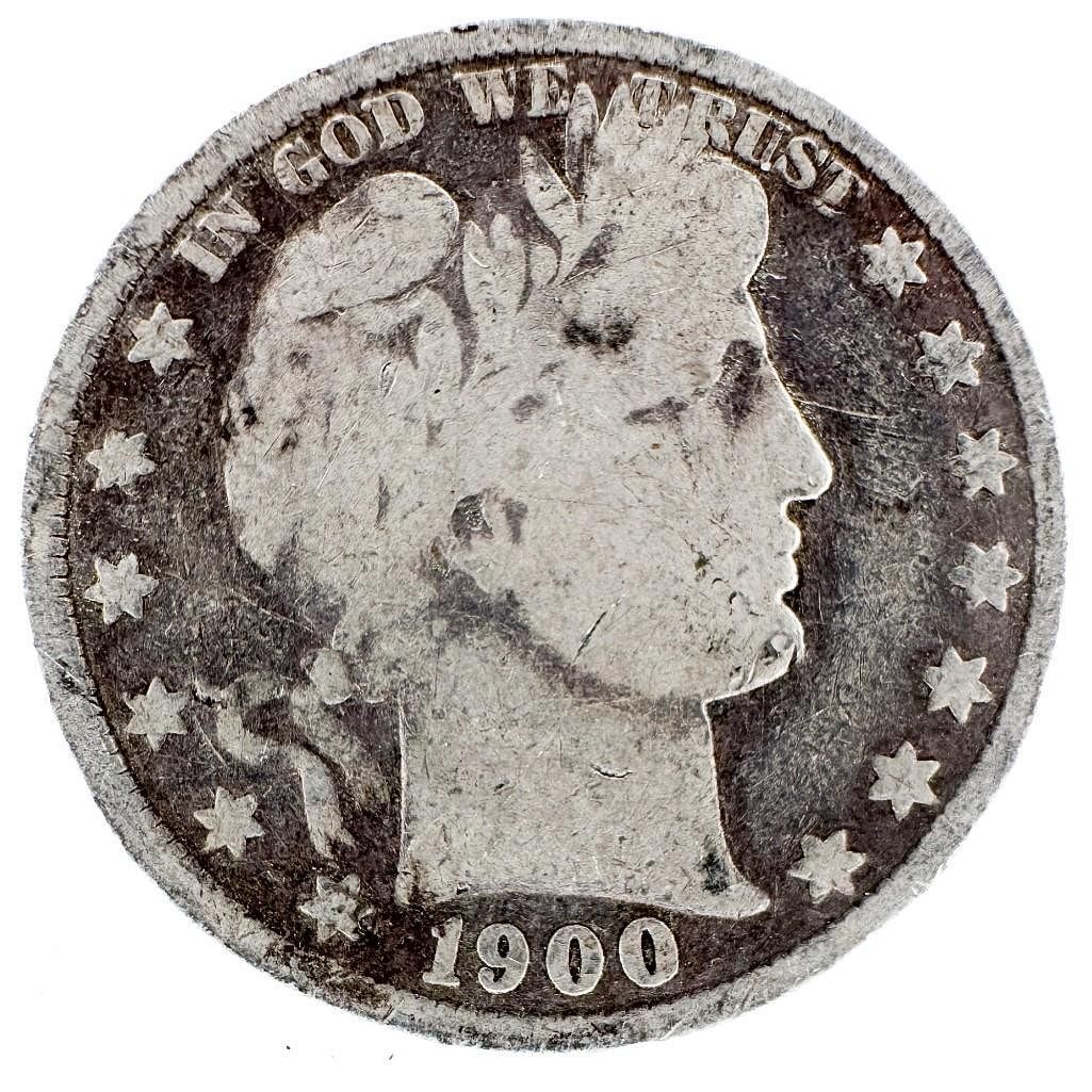 1900 Barber Half Dollar: A 1900 Barber half dollar. A circulated turn-of-the-century half. Shipping & Handling. All lots won by the same bidder are combined into one shipment via USPS Priority Mail (tracking included). Flat