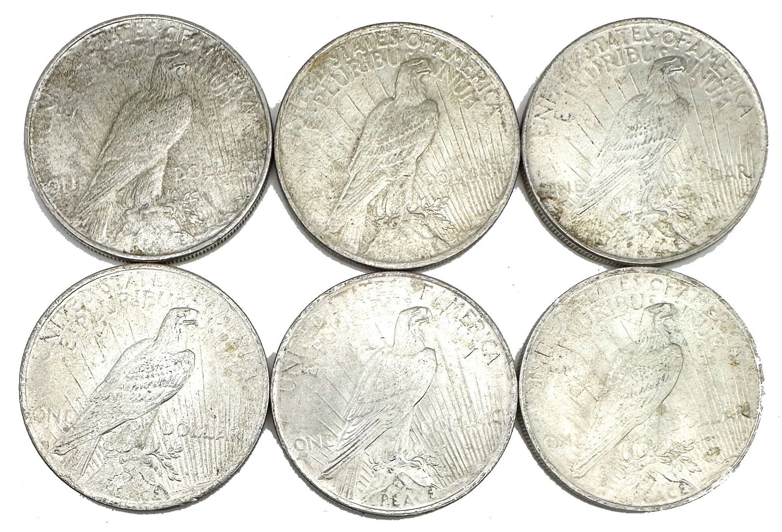 Lof of 6 1922 Peace Dollars: Six Peace silver dollars. Anthony de Francisci's 1921-1935 design, 90% silver, struck to commemorate peace after World War I. Shipping & Handling. All lots won by the same bidder are