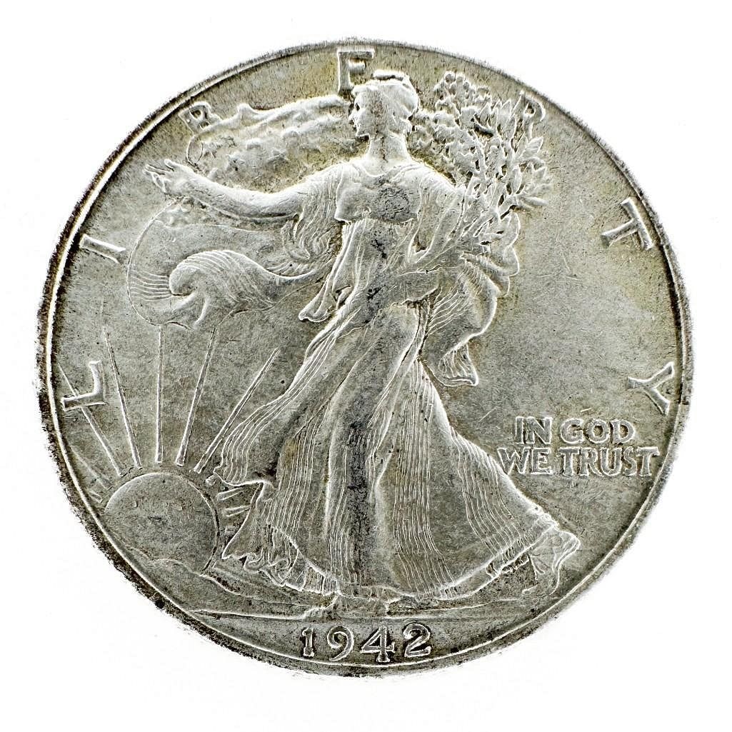 1942-D Walking Liberty Half Dollar: A 1942-D Walking Liberty half dollar. A common World War II-era Denver issue. Shipping & Handling. All lots won by the same bidder are combined into one shipment via USPS Priority Mail (tracking inclu