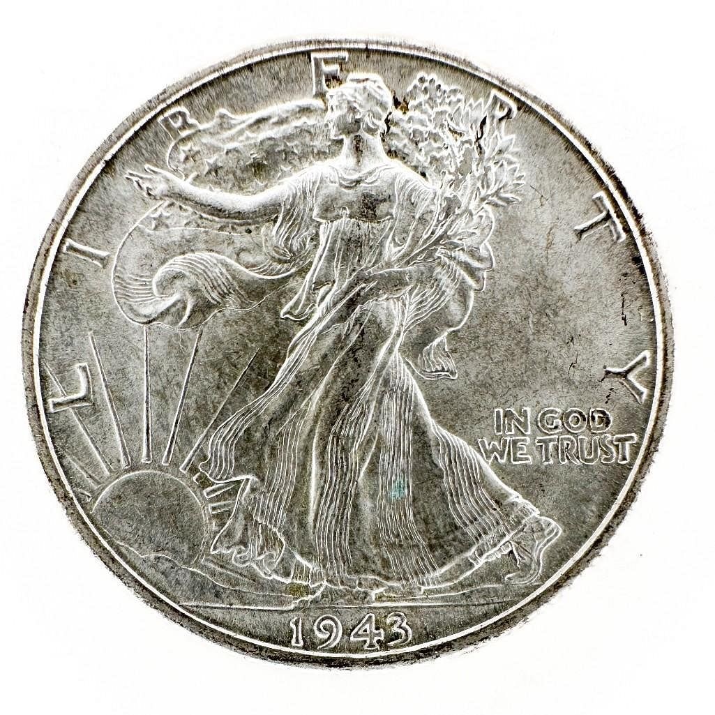 1943-D Walking Liberty Half Dollar: A 1943-D Walking Liberty half dollar. A common Denver wartime date. Shipping & Handling. All lots won by the same bidder are combined into one shipment via USPS Priority Mail (tracking included). Flat