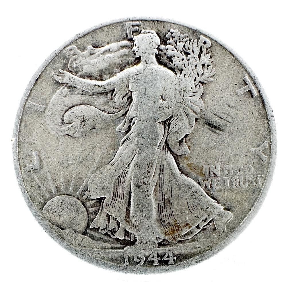 1944-D Walking Liberty Half Dollar: A 1944-D Walking Liberty half dollar. A late-series Denver issue. Shipping & Handling. All lots won by the same bidder are combined into one shipment via USPS Priority Mail (tracking included). Flat r