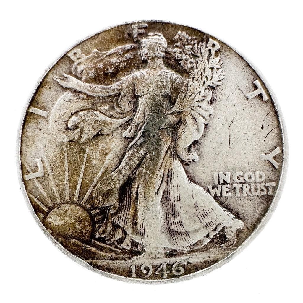 1946 Walking Liberty Half Dollar: A 1946 Walking Liberty half dollar. A near-final-year issue of the series. Shipping & Handling. All lots won by the same bidder are combined into one shipment via USPS Priority Mail (tracking included
