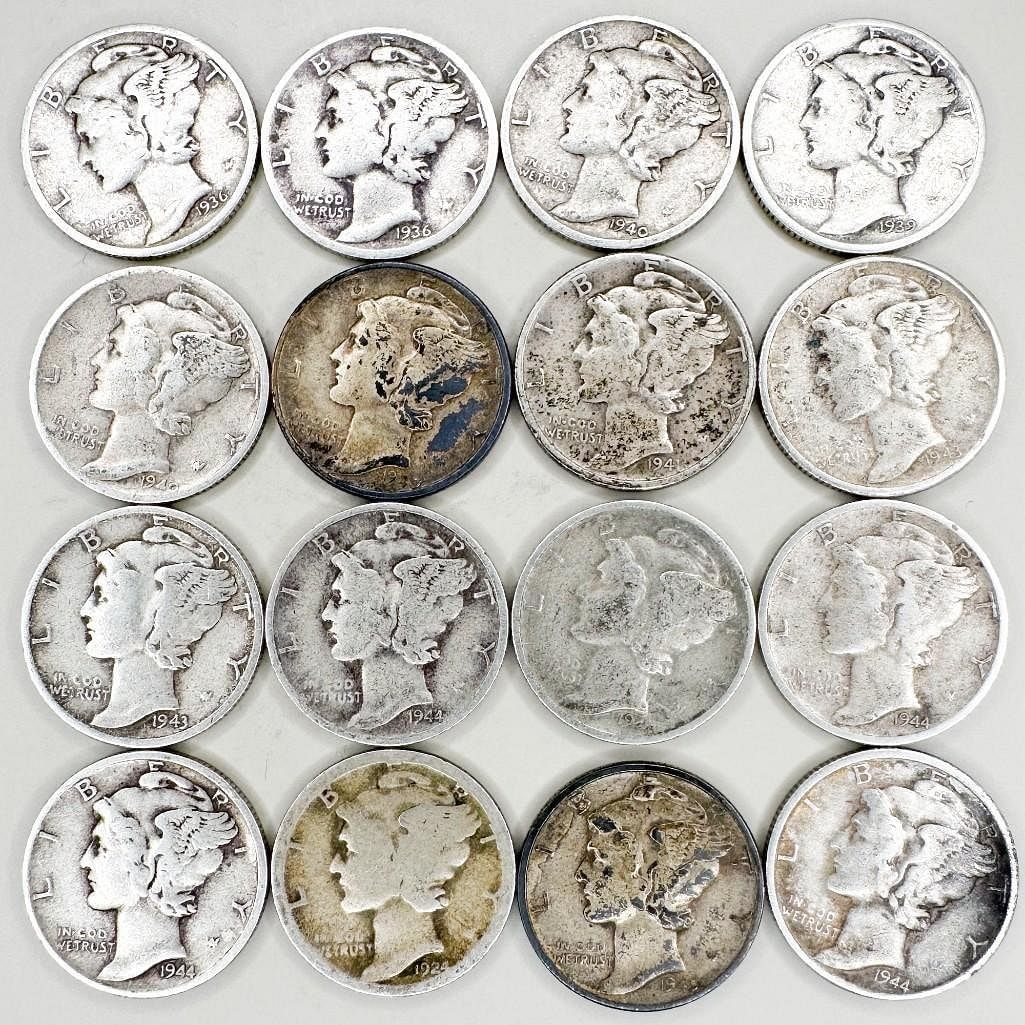 (16) Mercury Dimes 1924-1945: Sixteen Mercury dimes spanning 1924-1945. A circulated run of the popular Winged Liberty series. Shipping & Handling. All lots won by the same bidder are combined into one shipment via USPS