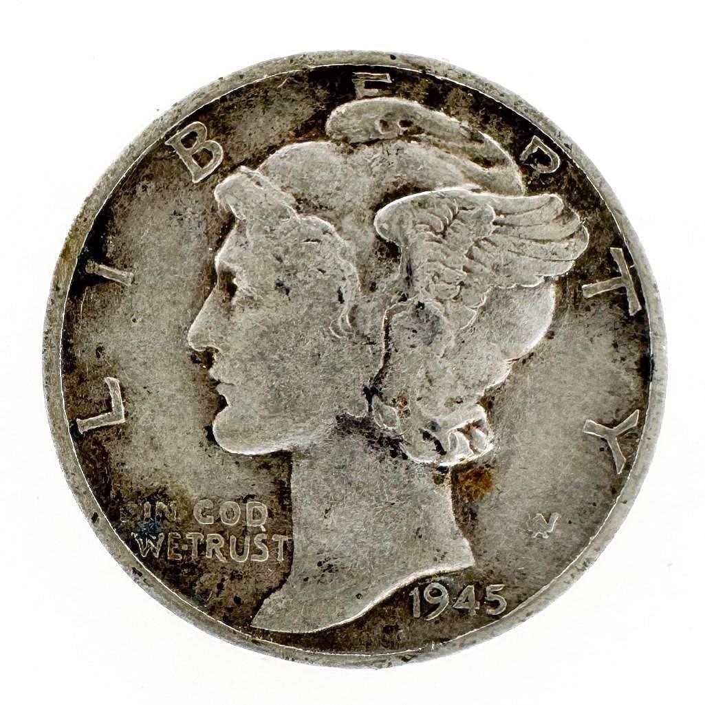 1945 Mercury Dime: A 1945 Mercury dime. A final-year Philadelphia issue of the series. Shipping & Handling. All lots won by the same bidder are combined into one shipment via USPS Priority Mail (tracking included). Flat