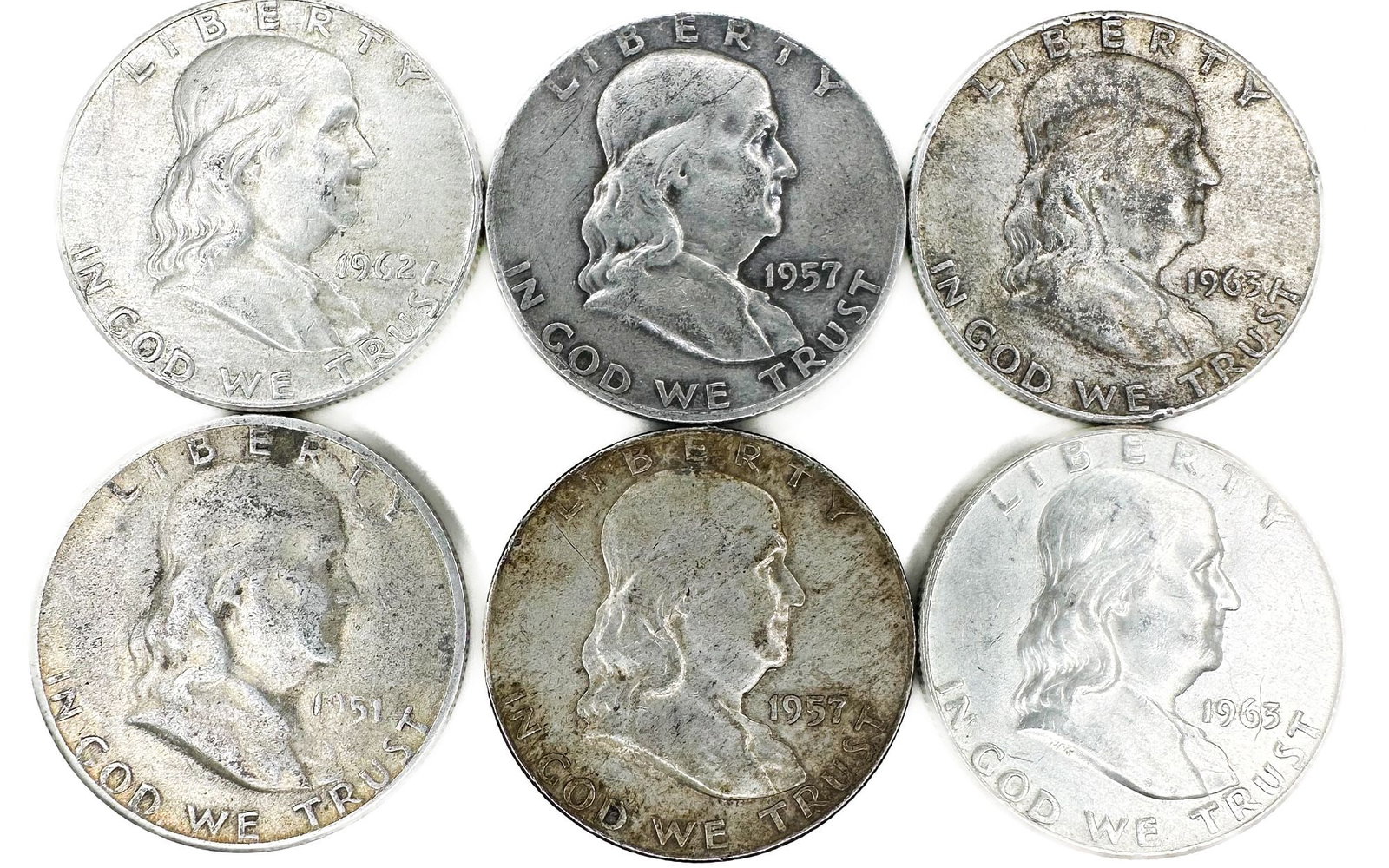 6 Franklin Half Dollars (1951-S, 1957-D, 1962-D, 1963, 1963-D) (1 of 2)