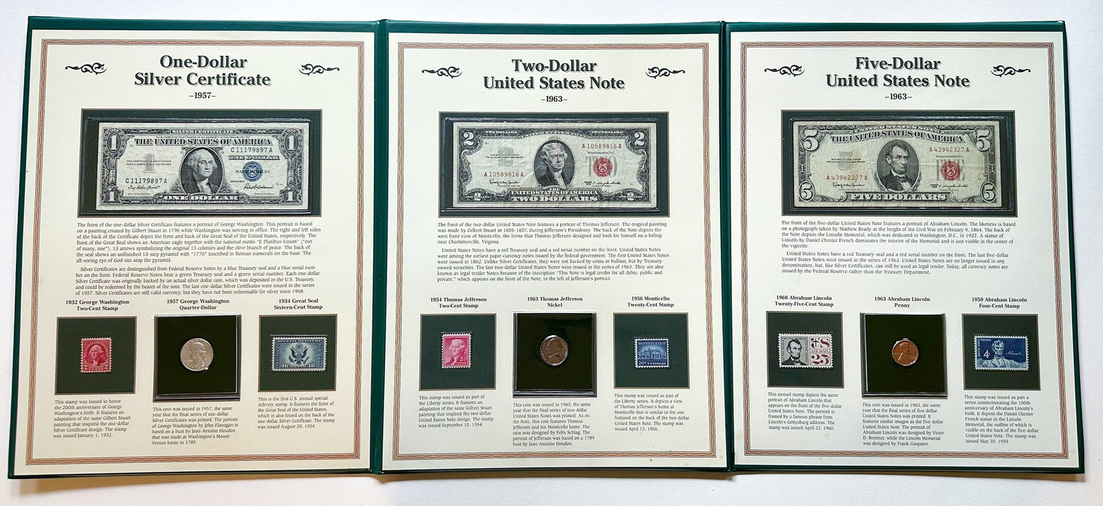 Historic U.S. Currency & Coin Display: 1957 Silver Certificate, 1963 $2 & $5 Notes with Stamps (1 of 5)