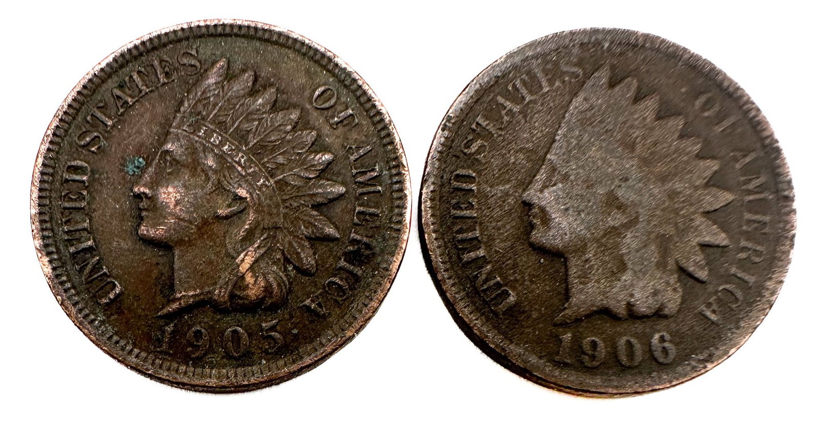 Two Indian Head Cents, 1905 and 1906: Two Indian Head cents dated 1905 and 1906. Circulated examples of the long-running series. Shipping & Handling. All lots won by the same bidder are combined into one shipment via USPS Priority Mail (t