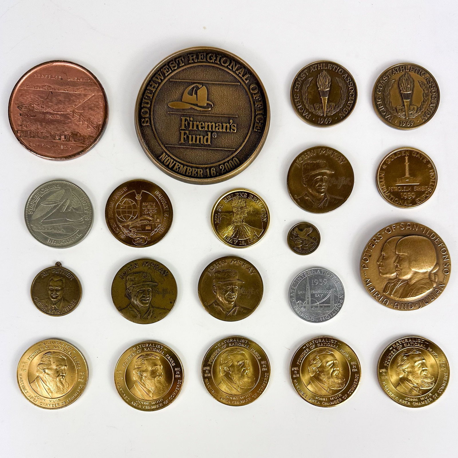 Collection of 20 Medals & Tokens, West Coast / California Themes: About twenty California and Pacific-Northwest commemorative medals and tokens. Includes John Muir, world's-fair and Olympic-themed pieces. Shipping & Handling. All lots won by the same 