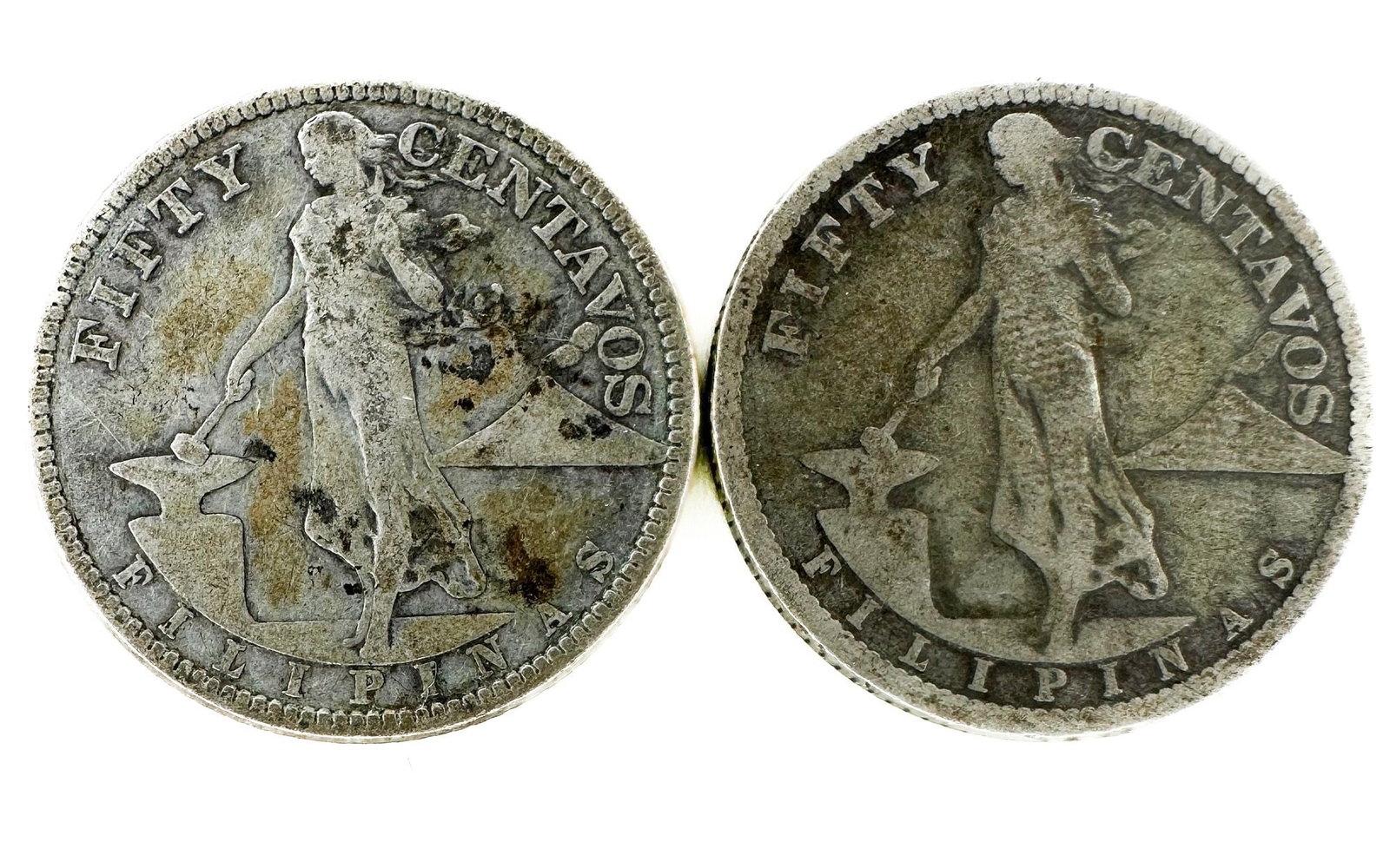 2 Philippines 50 Centavos 1919-S, 1908-S (1 of 2)
