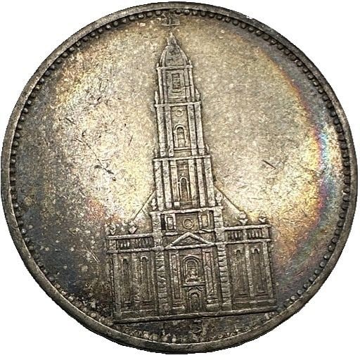 1934 J Germany 5 Reichsmark, Potsdam Garrison Church, Silver 0.900: A 1934-J Third Reich 5 reichsmark depicting the Potsdam Garrison Church. A first-anniversary commemorative of Nazi rule. Shipping & Handling. All lots won by the same bidder are combined into one ship