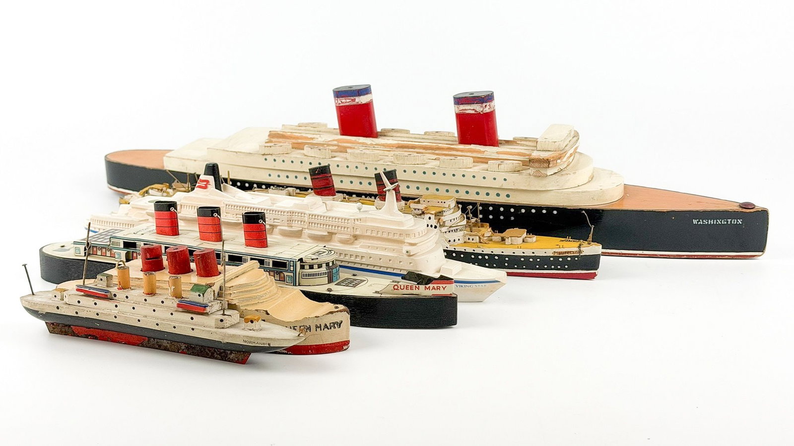 Lot of 6 Wooden Model Ships, Queen Mary, Normandie, Washington, Maurentania (1 of 13)