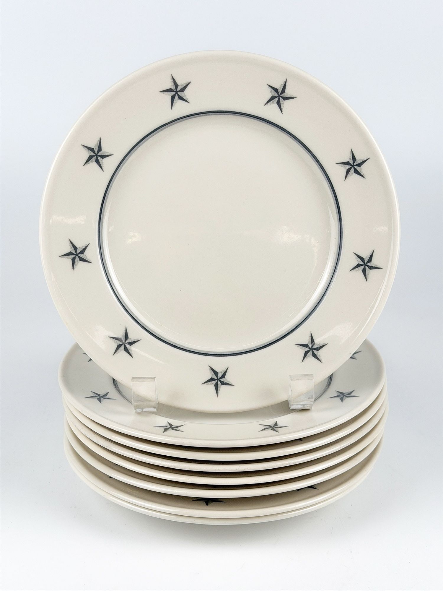 SS United States Salad Plates 7.5 Inch Star Pattern, Mixed Mayer and Lamberton (8): Eight 7.5 in diameter salad plates: 7 made byLamberton Sterling and 1 made by Mayer China, for United States Lines. Total weight is approximately 6 lbs 2 oz.