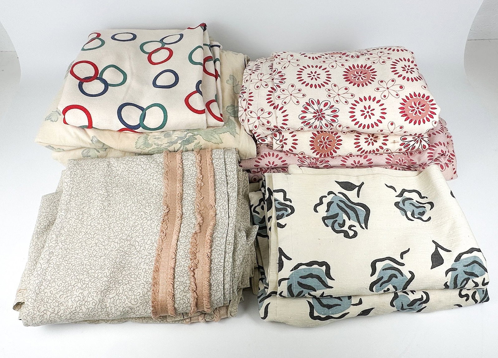 SS United States Group of Assorted Curtains & Linens (11): Group of curtains from United States Lines. Many have original markings or tags. Two large fabric stateroom fabric items, both gray with a light mid-century "squiggly" pattern. One has the cloth SS UN