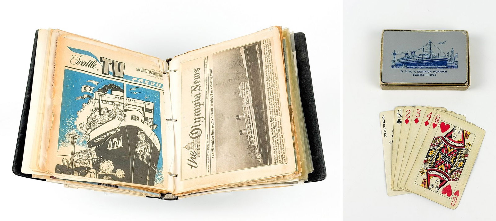 QSMV Dominion Monarch Scrapbook & Playing Cards, From Collection of Gordon Newell (1912-1991): Gordon Newell's personal scrapbook related to his spear heading bringing the liner to Seattle as a hotel for the 1962 World's Fair. Containsa large amount of newspaper clippings, advertisements, photo