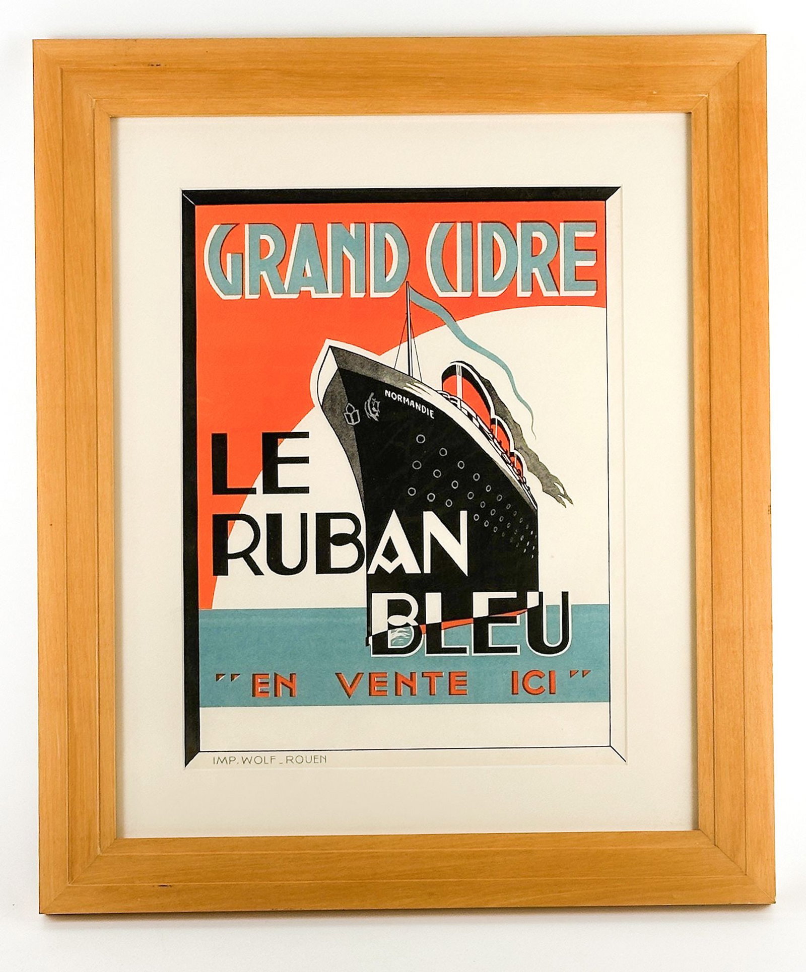Grand Cidre Le Ruban Bleu SS Normandie Ocean Liner French Art Deco Poster 1930s