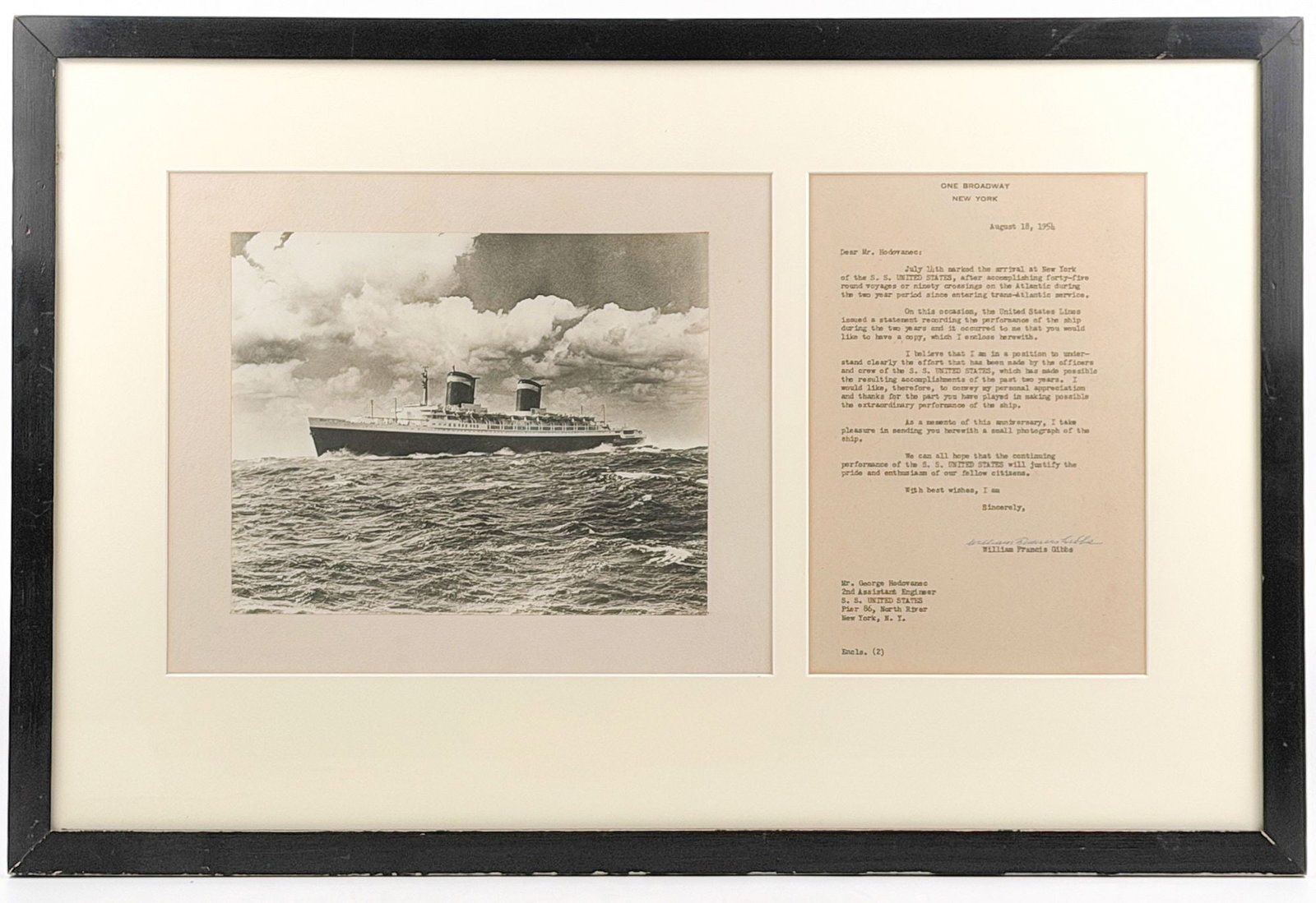 SS United States Framed Sea Trials Photo & Signed Letter (W.F. Gibbs)