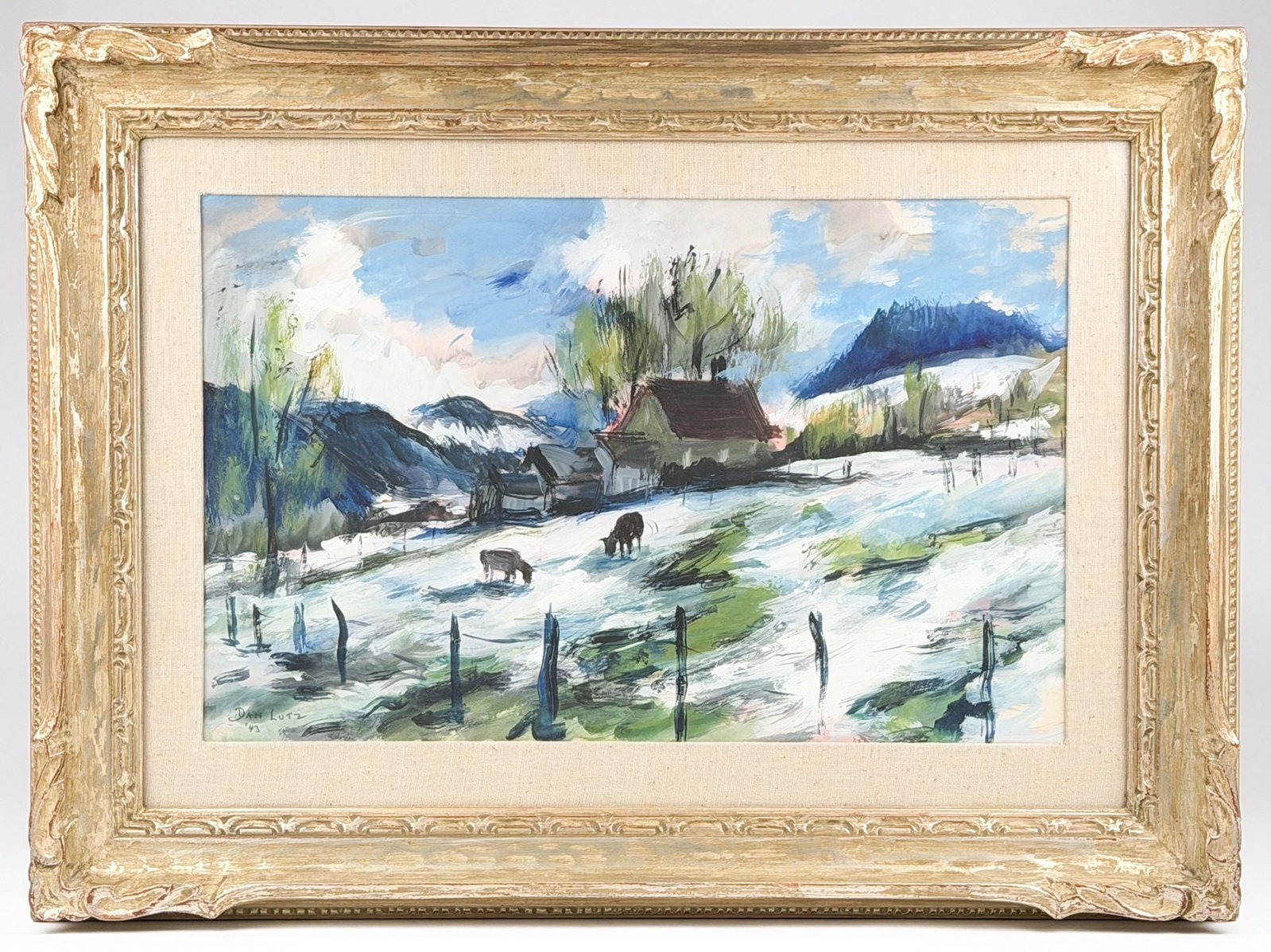 Dan (Daniel Stookey) Lutz (1906-1978) Watercolor on Board, Farmstead, 1943: Signed in the lower left corner. Snowy mountain farmhouse with animals and a farmstead. Framed. Label on back from Dalzell Hatfield Galleries, Fine Arts Ambassador Hotel, Los Angeles California. Dimen