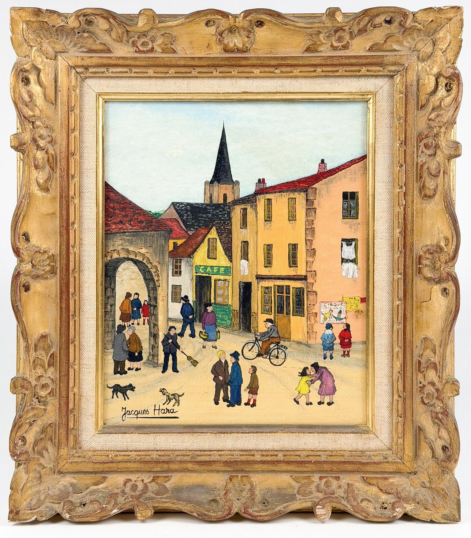 Jacques Hara (b. 1933) Oil on Canvas, La Grand Rue: Titled La Grand Rue. Signed in the lower left corner. A busy French main street with people and dogs. Dimensions: Frame is approximately 15.5 in H x 13.5 in W. Visible image is approximately 10.25 in 