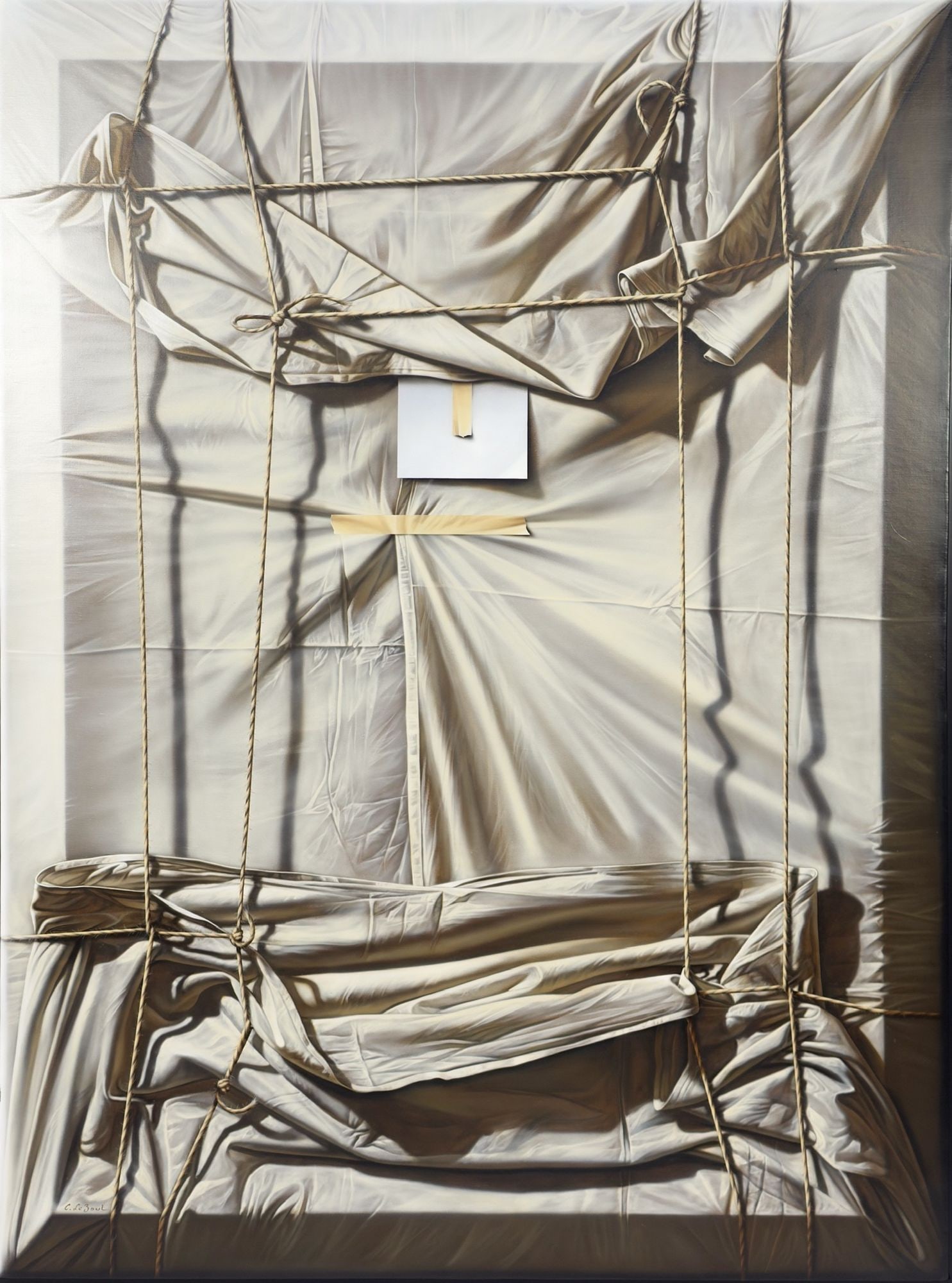 Claude Le Boul (b. 1947) Oil on Canvas, Decouverte, 2003: Titled Decouverte. Signed in the lower left corner. Trompe-l'oeil of a wrapped artwork. Dimensions: Visible image is approximately 51.25 in H x 38.25 in W. Frame is approximately 61.25 in H x 48 in W 