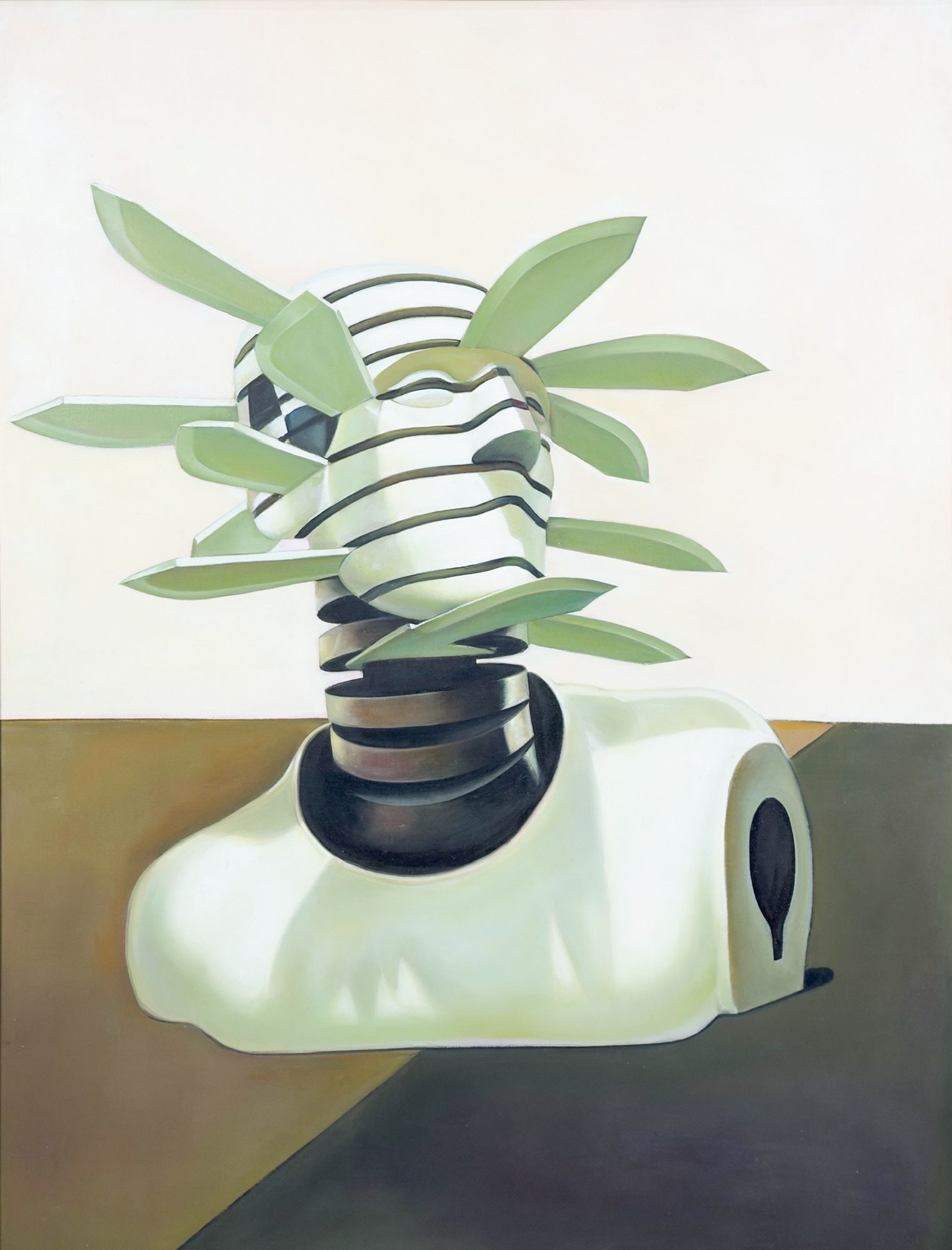 The-Merger Libertad (Cuban Art Collective) Oil on Linen, Freedon, 2009: Titled Freedon. Signed on the back side. Depicts a stylized mannequin head and torso with blades protruding from the form. The-Merger is a Cuban Art Collective that includes Alain Pino (b. Camagü