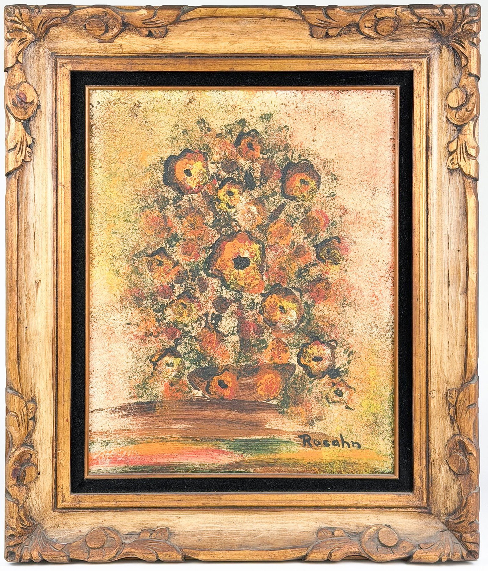 Taylor's Find: Rosahn, Oil on Canvas, Still Life: Signed in the lower left. Depicts a floral arrangement in warm earthy shades. Dimensions: Visible image is approximately 19.5 in H x 15.5 in W. Frame size is approximately 27.75 in H x 23.75 in W. Wei