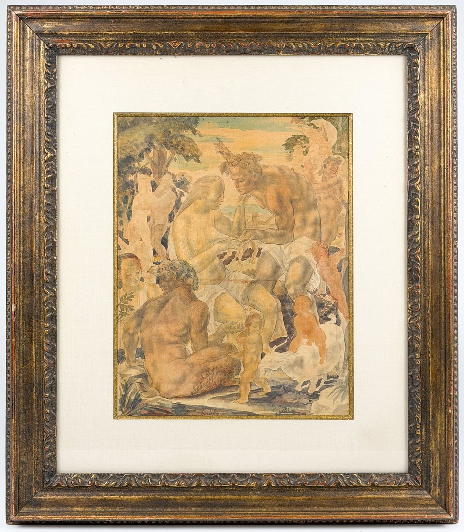 Michael Sarisky (1906-1974) Watercolor and Pencil on Paper, Bacchanal: Signed in the bottom center. Depicts a Bachannal celebration. Framed. Dimensions: Frame is approximately 23 in H x 20 in W. Visible image is approximately 13.25 in H x 10.25 in W. Weighs approximately