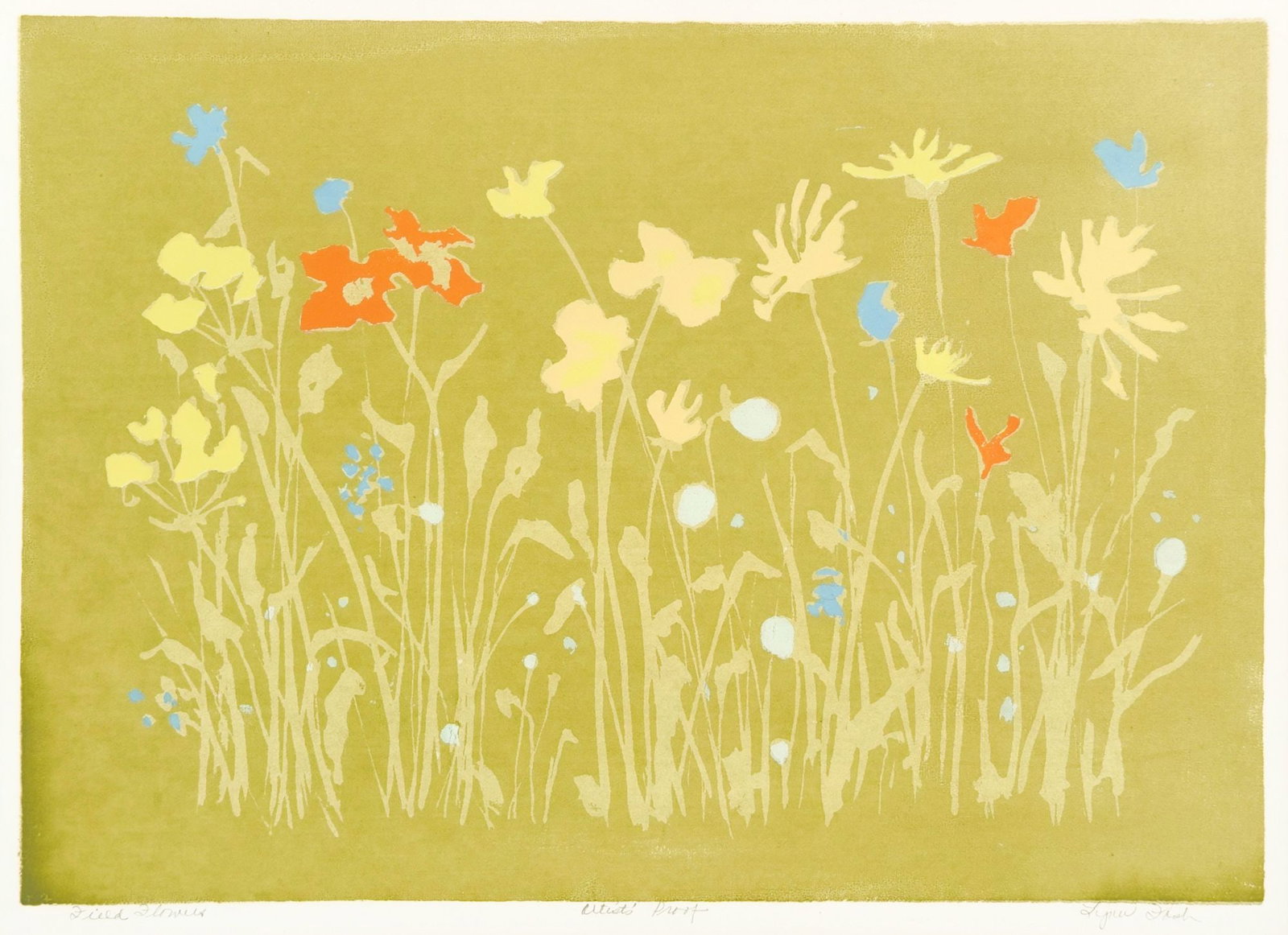 Taylor's Find: Lynn Fash Lithograph on Paper, Field Flowers, Artist's Proof: Title Field Flowers. Artist's Proof. Depicts a series of various wildflowers. Dry mounted print with blue overmat. Dimensions: Visible image is approximately 11 in H x 15 in W. Mat is approximately 16