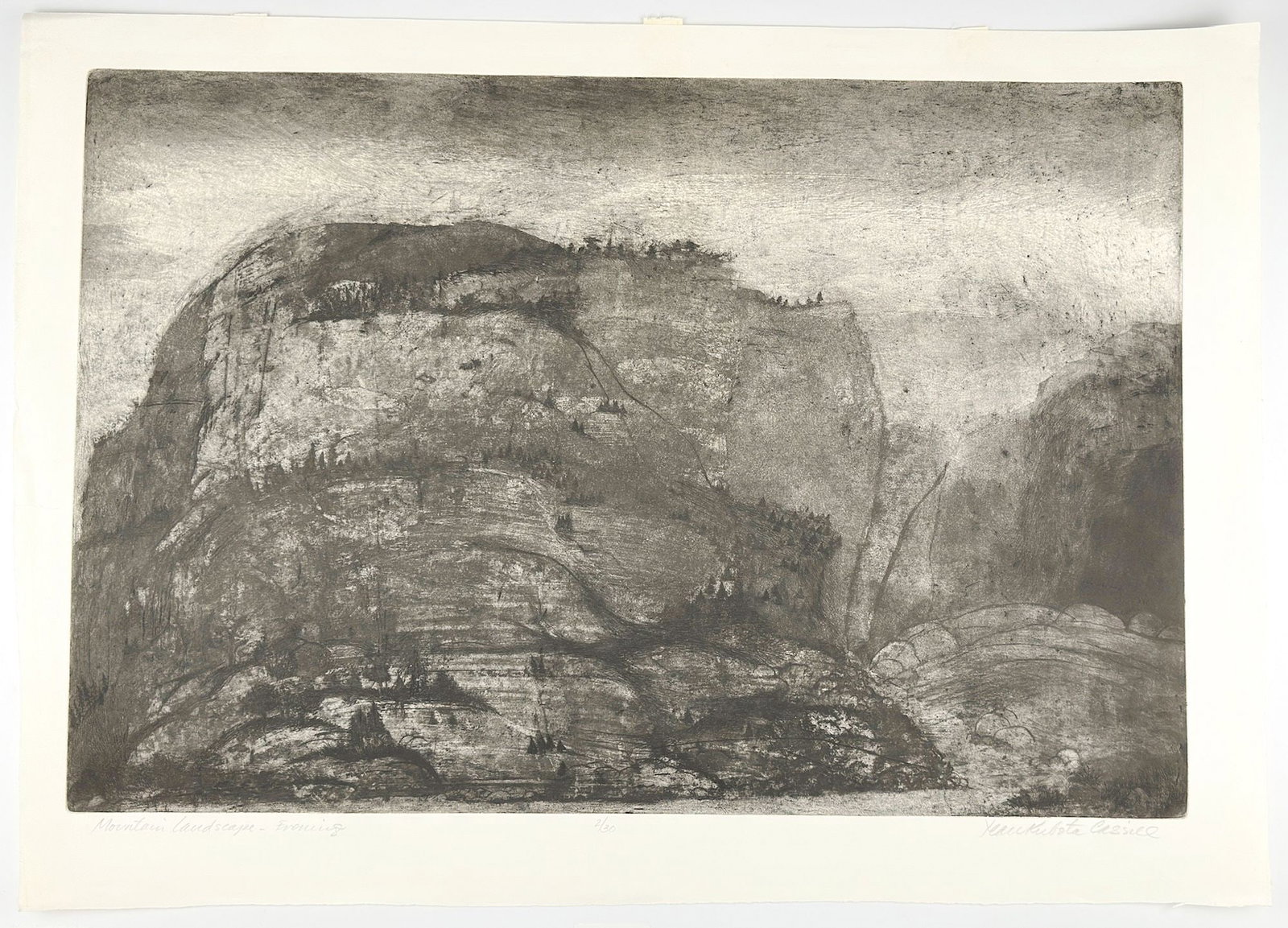Jean Kubota Cassill (b. 1926) Etching Aquatint, Mountain Landscape, Evening, 1973: Titled Mountain Landscape, Evening, edition 2/30. Signed in graphite in the lower right corner. Depicts a monochrome mountainous landscape. Dimensions: Approximately 22 in H x 31 in W. Weighs approxim