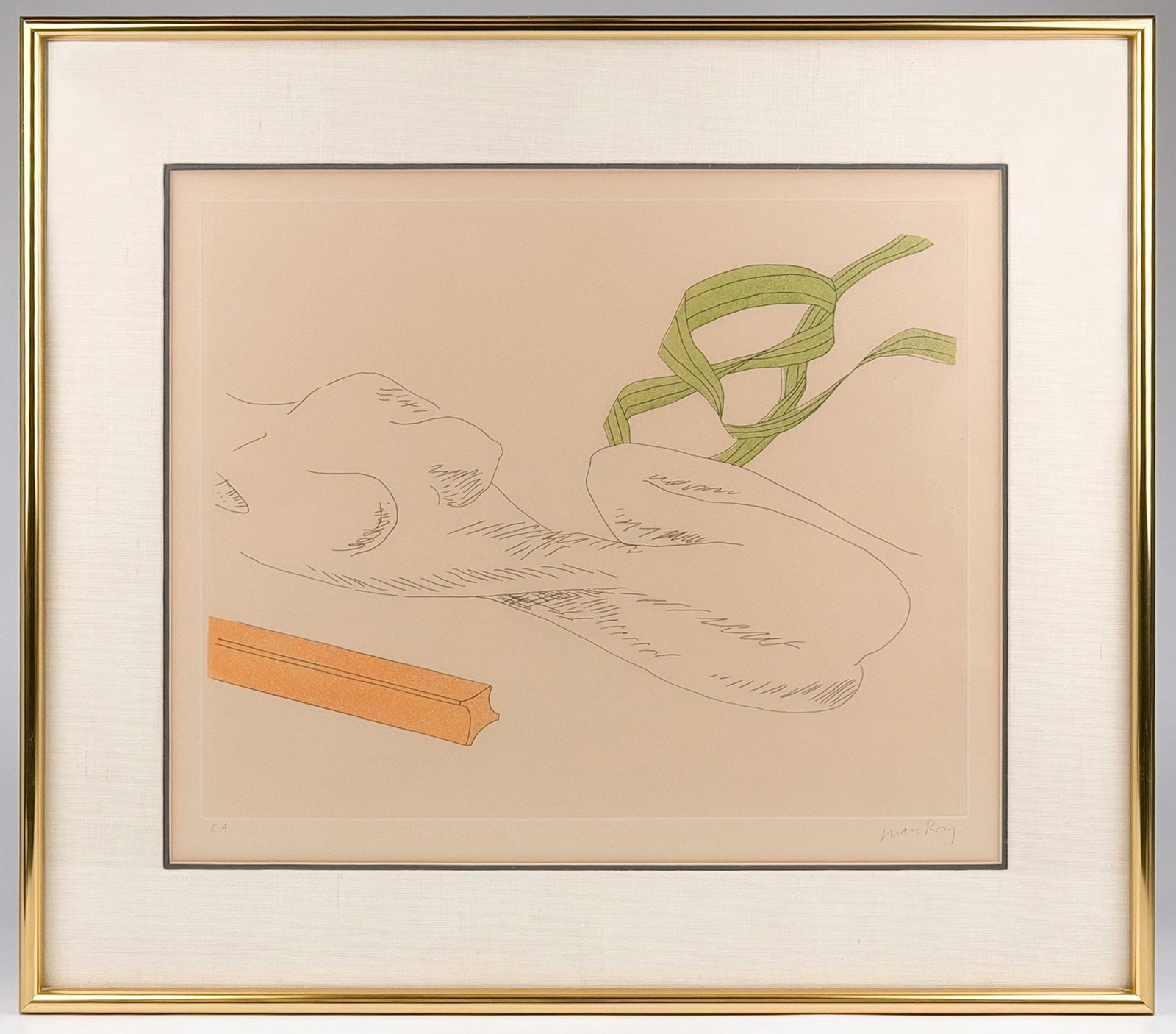 Man Ray (1890-1976) Pencil Signed Etching with Aquatint, Therese, EA 1970: Titled Therese, from the series La Ballade des Dames Hors du Temps. Epreuve d'artiste (artist proof). Plate indentation is visible in the paper. Depicts a female nude with green ribbon and orange beam